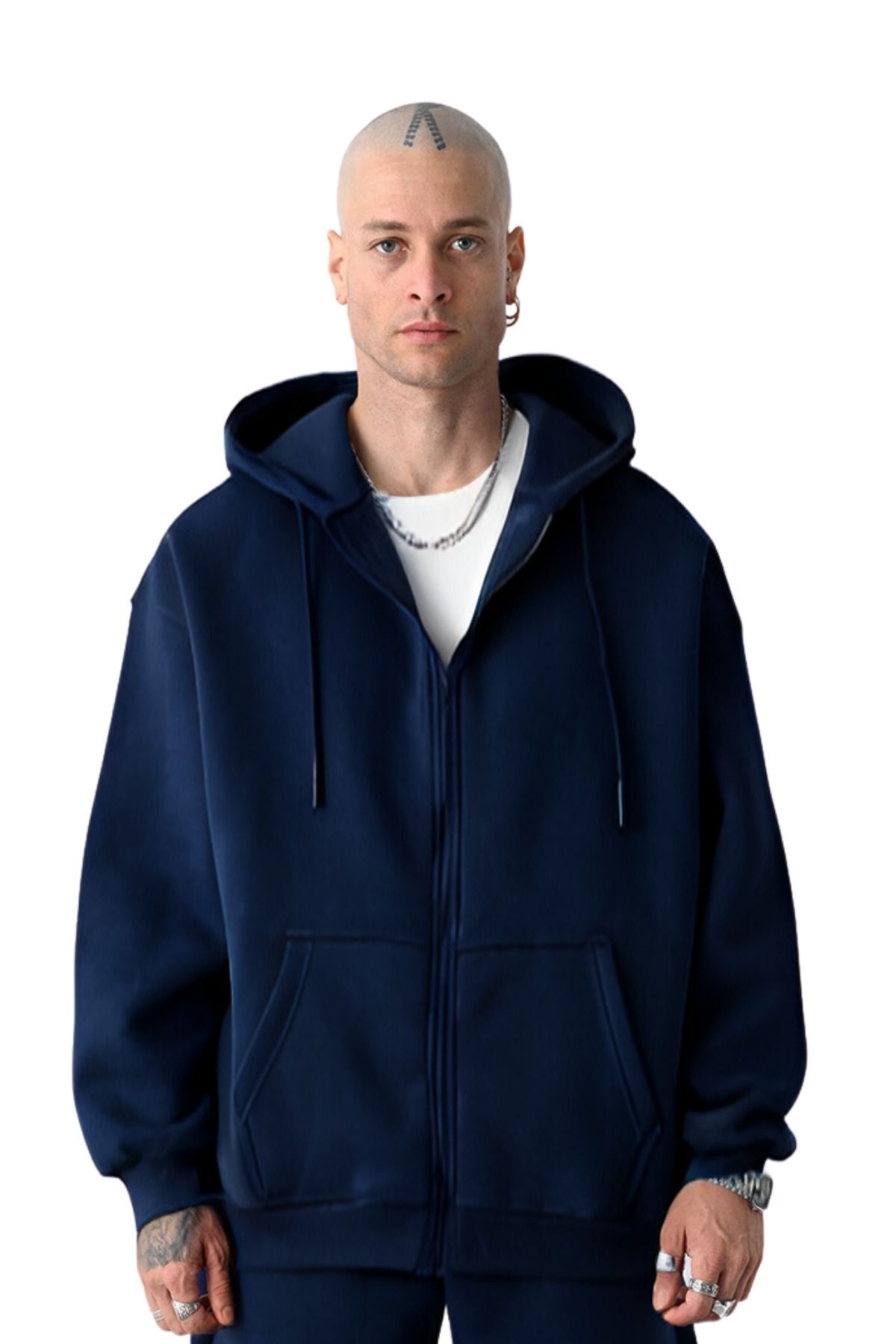 Erkek Basic Laci̇vert Unisex Tam Fermuar Sweatshirt Hırka - Lacivert - 1