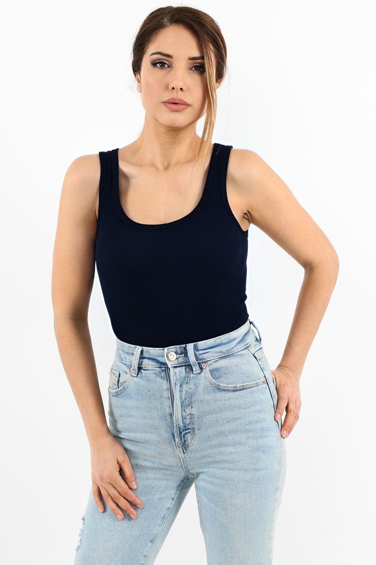 Kadın Laci̇vert Fitilli Kalın Askılı Basic Örme Atlet - Lacivert - 2