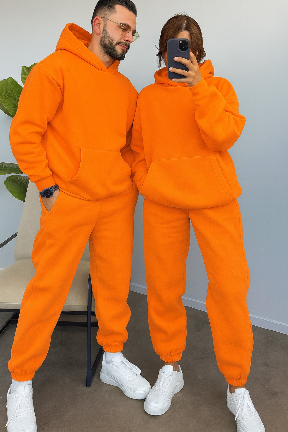 Kadın Erkek Trend Model Çiftlere Özel 3 İplik Oversize Kışlık Kalın Eşofman Takımı (tekli̇) - Canlı Turuncu - 1