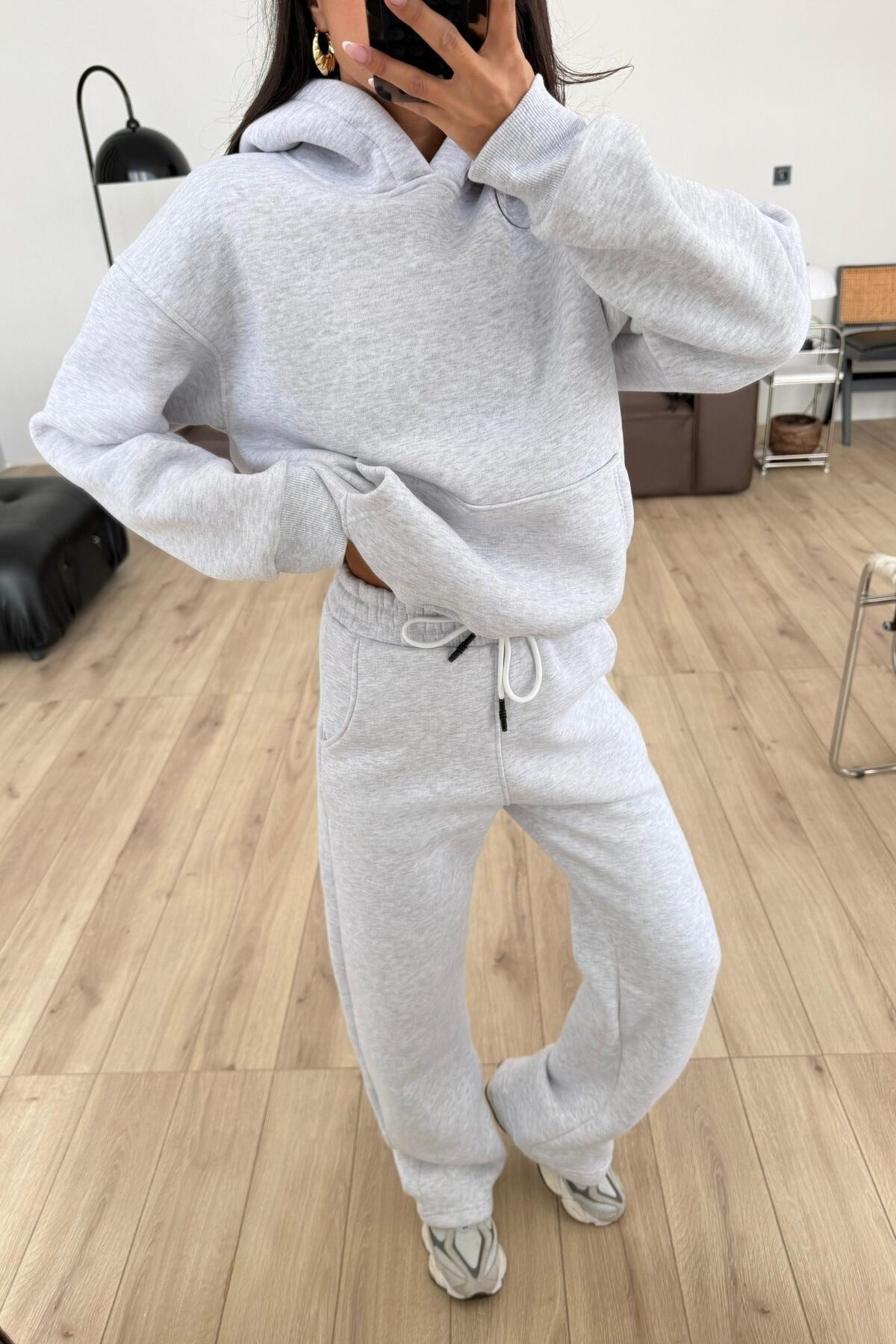 Kadın Boyfriend 3 İplik Şardonlu Bol Paça Oversize Casual Takım - Gri Melanj - 2