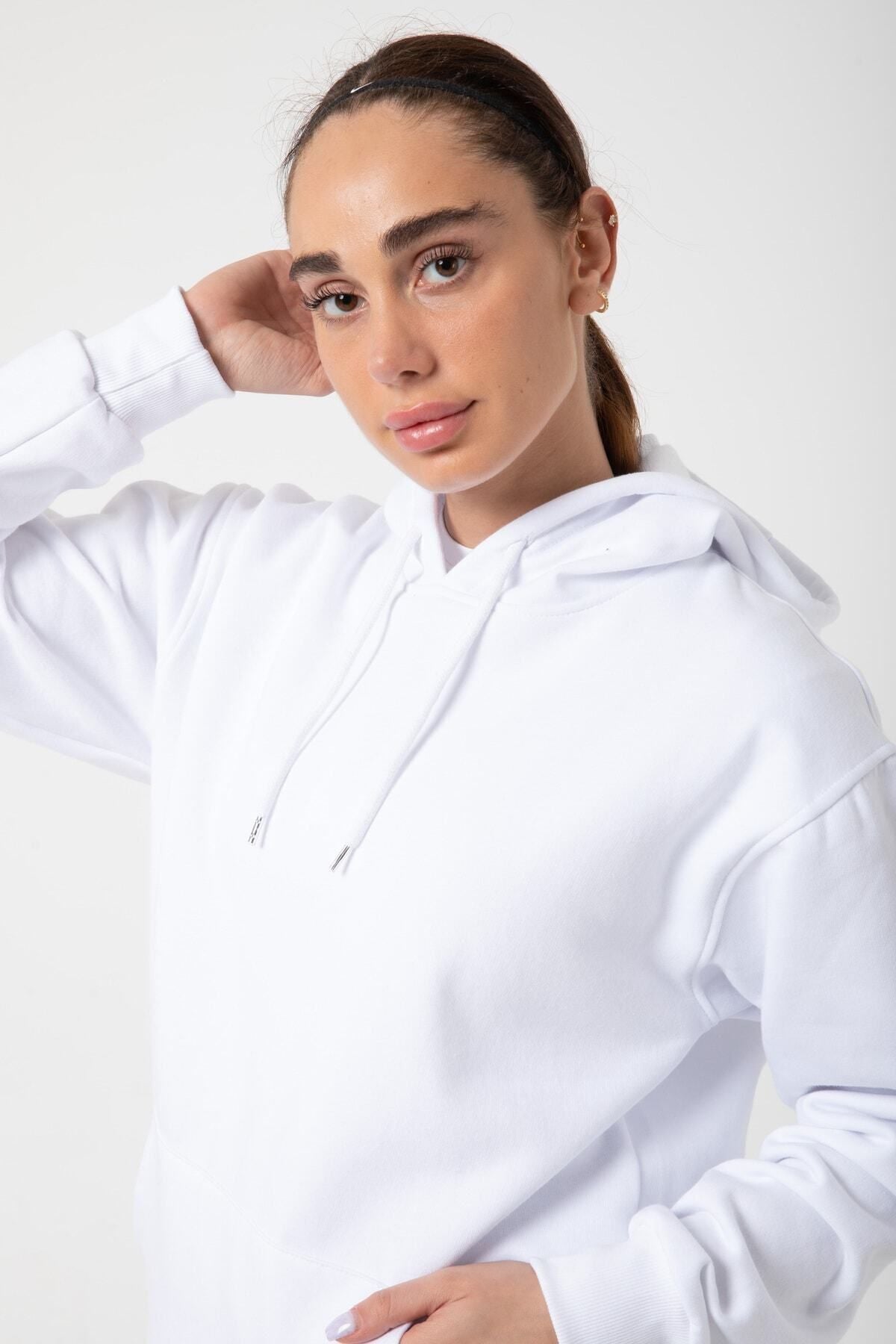 Kadın Beyaz İ̇çi Polar Sweatshirt Kapşonlu Cepli Günlük Stil Oversize White Hoodie - Beyaz/White - 3