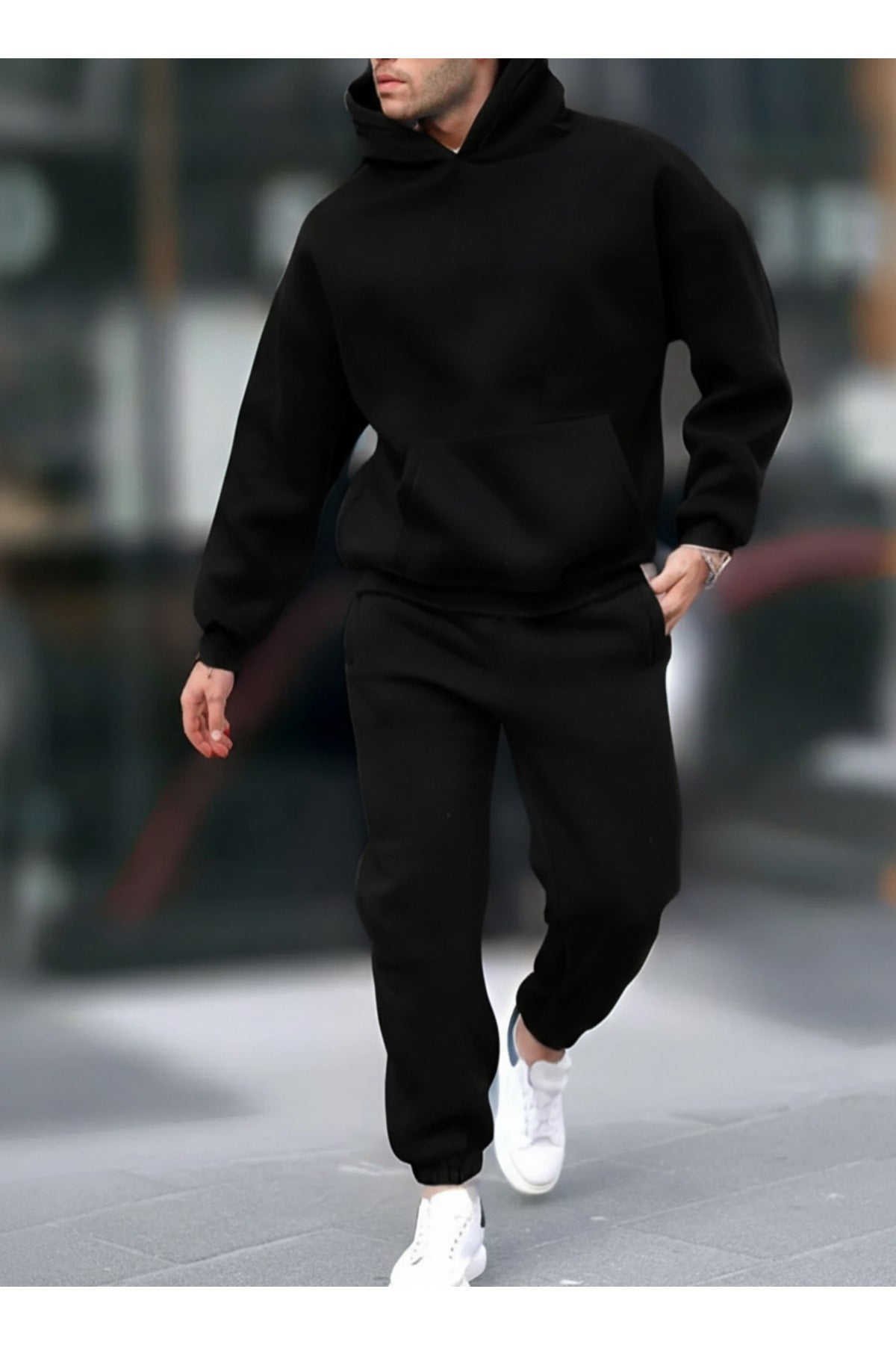 Erkek Geniş Paça Kışlık Cepli Beli Paçası Lastikli Hoodie Rahat Kesim Eşofman Takımı - Siyah - 1