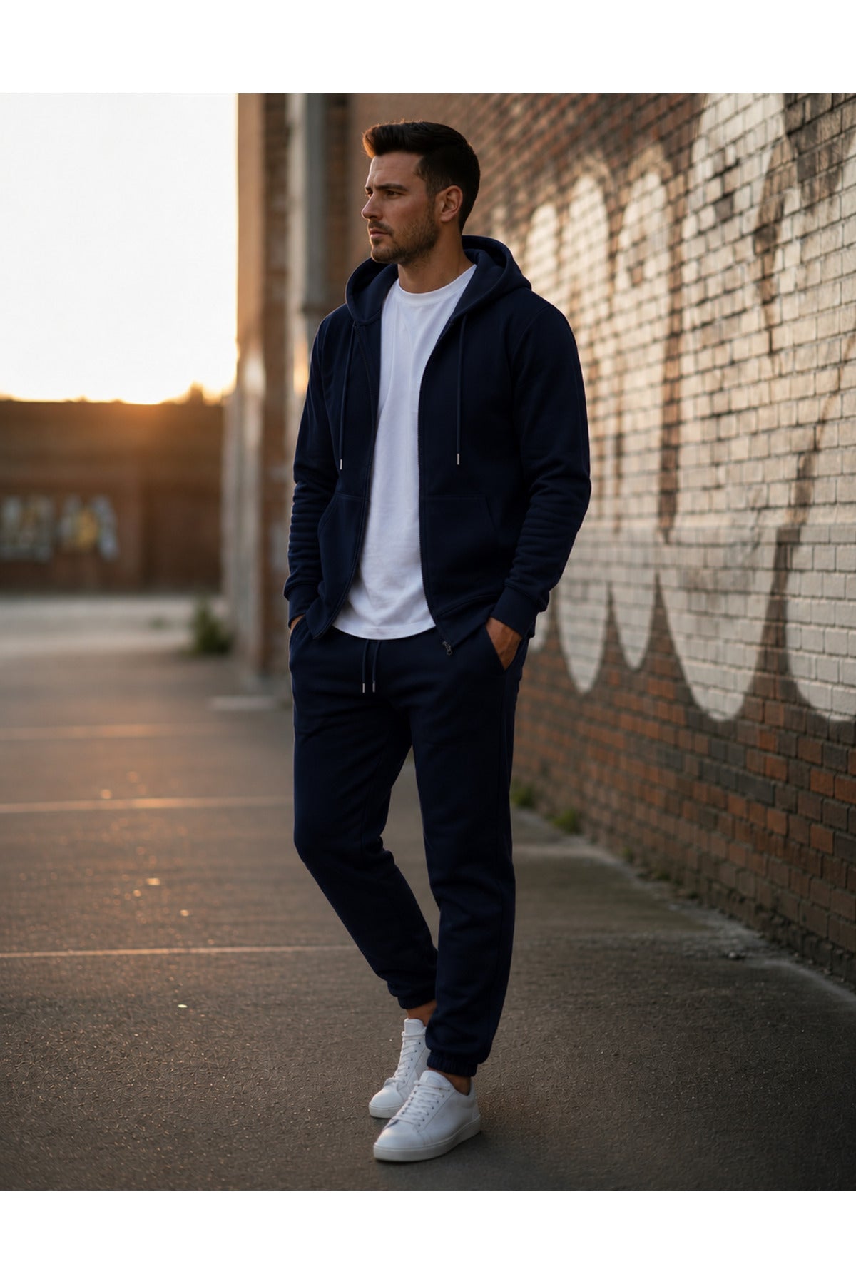 Erkek 3 İ̇pli̇k Fermuarli Kapüşonlu Oversi̇ze Sweatshirt Jogger Eşofman Takimi - Lacivert - 2