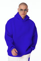 Erkek Bol Kesim Oversize 3 İ̇plik İ̇çi Pamuklu Şardonlu Kanguru Cep Kapşonlu Kışlık Hoodie Sweatshirt - Saks Mavi - 3