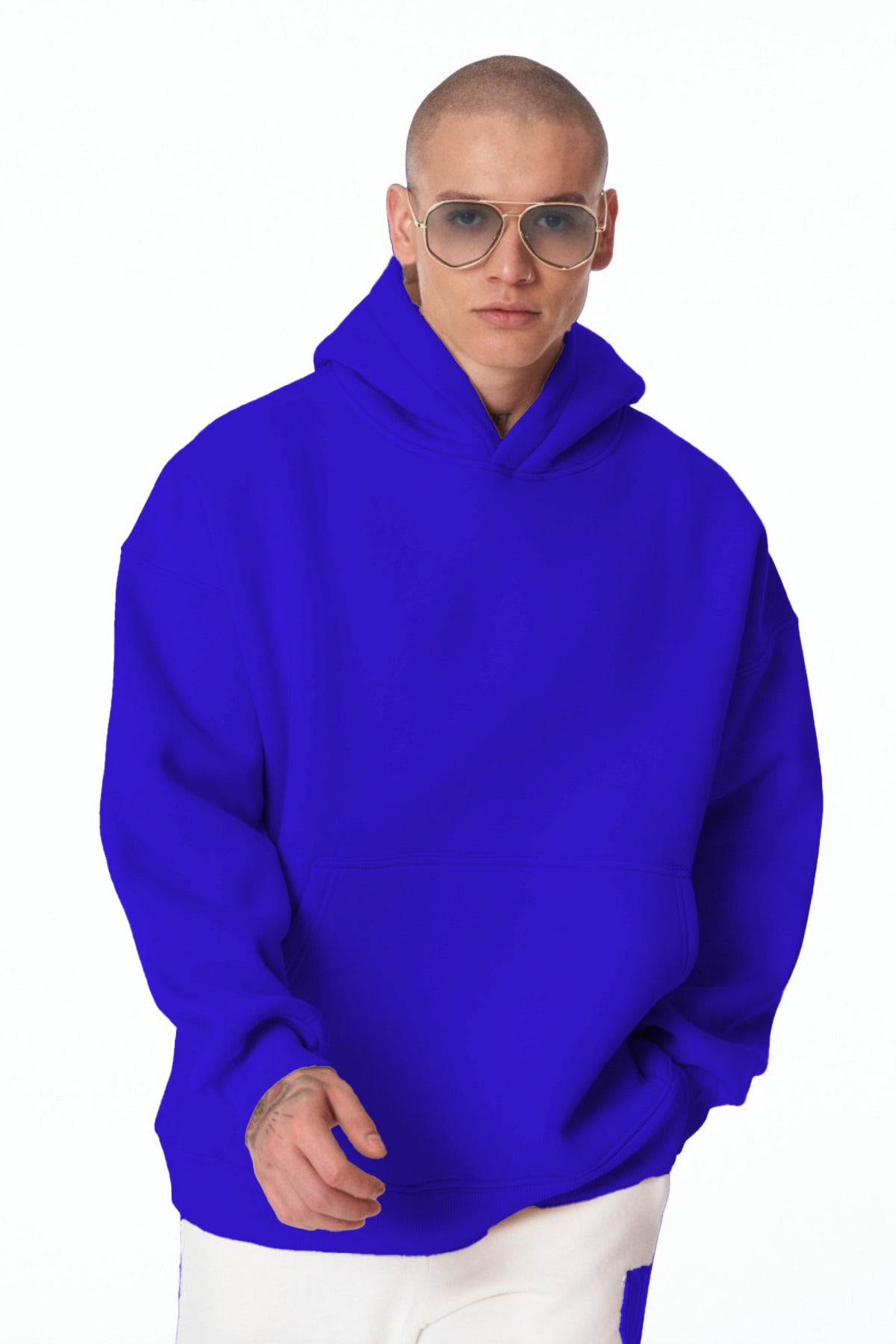 Erkek Bol Kesim Oversize 3 İ̇plik İ̇çi Pamuklu Şardonlu Kanguru Cep Kapşonlu Kışlık Hoodie Sweatshirt - Saks Mavi - 3