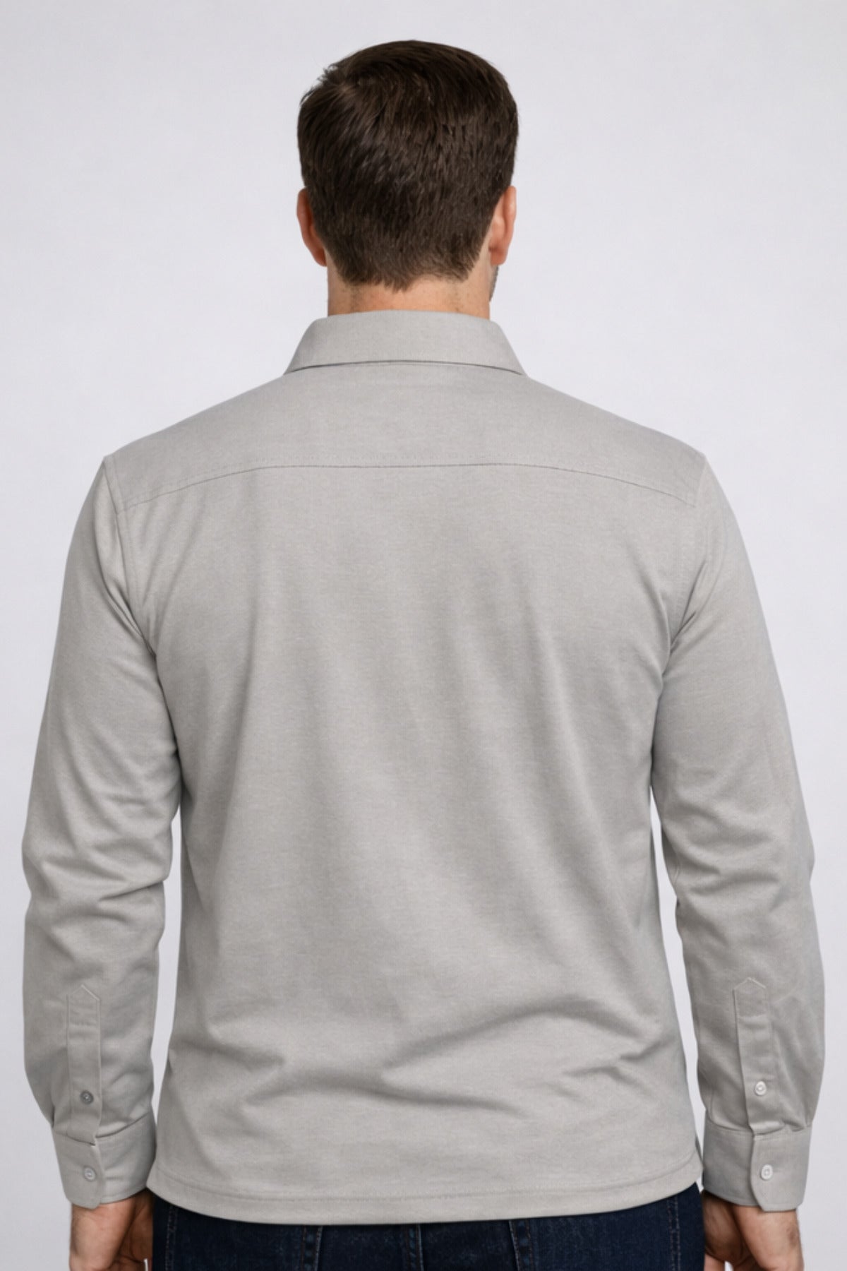 Erkek Gömlek Yaka Uzun Kollu Cepli Basic Geniş Kalıp Tişört Regular Fit - Taş - 3