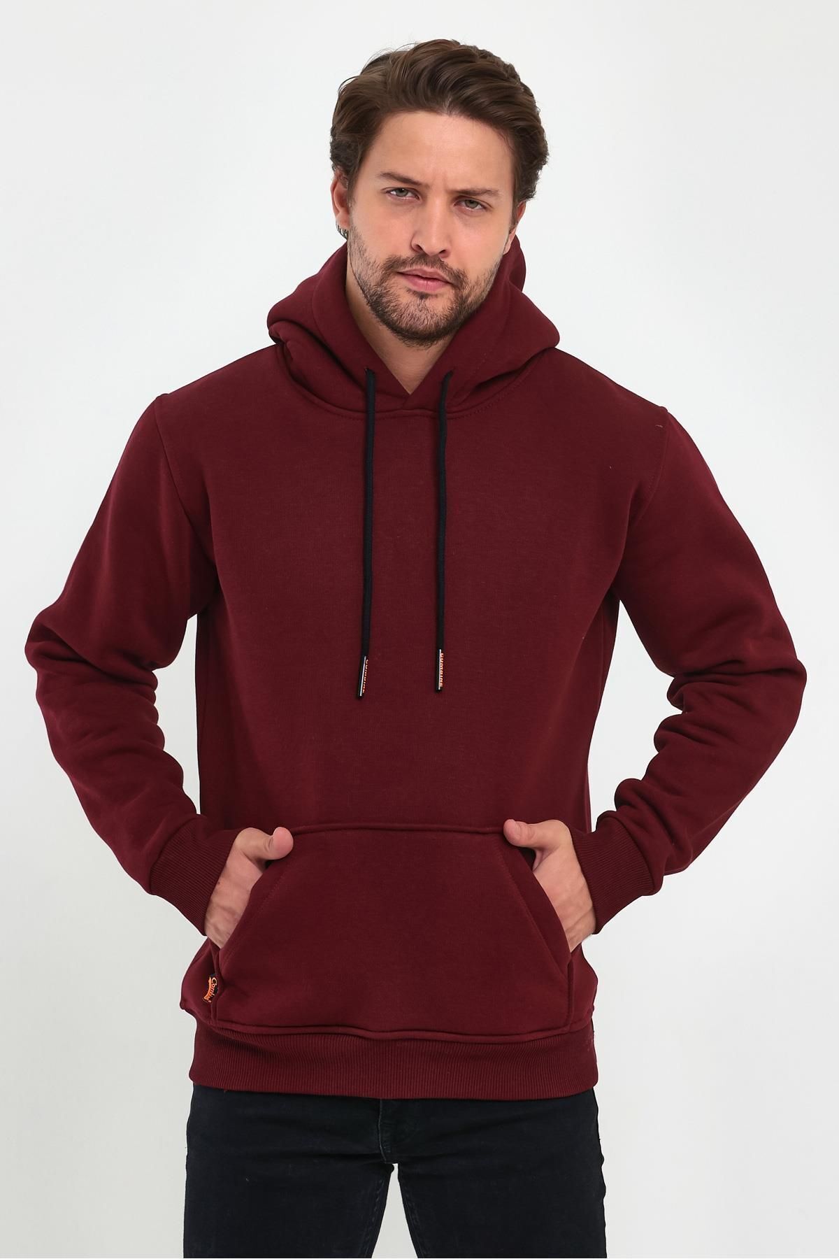 Erkek Kapşonlu Kanguru Cepli̇ 3 İ̇pli̇k Kalin Sweatshi̇rt - Bordo - 7