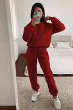 Kadın Oversize 3 İ̇plik İ̇çi Pamuklu Kalın Kapşonlu Kanguru Cep Paçası Lastikli Eşofman Takımı - Bordo - 2