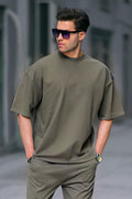 Erkek Oversize Penye Nefes Alan T-shirt - Haki - 1