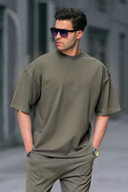 Erkek Oversize Penye Nefes Alan T-shirt - Haki - 1
