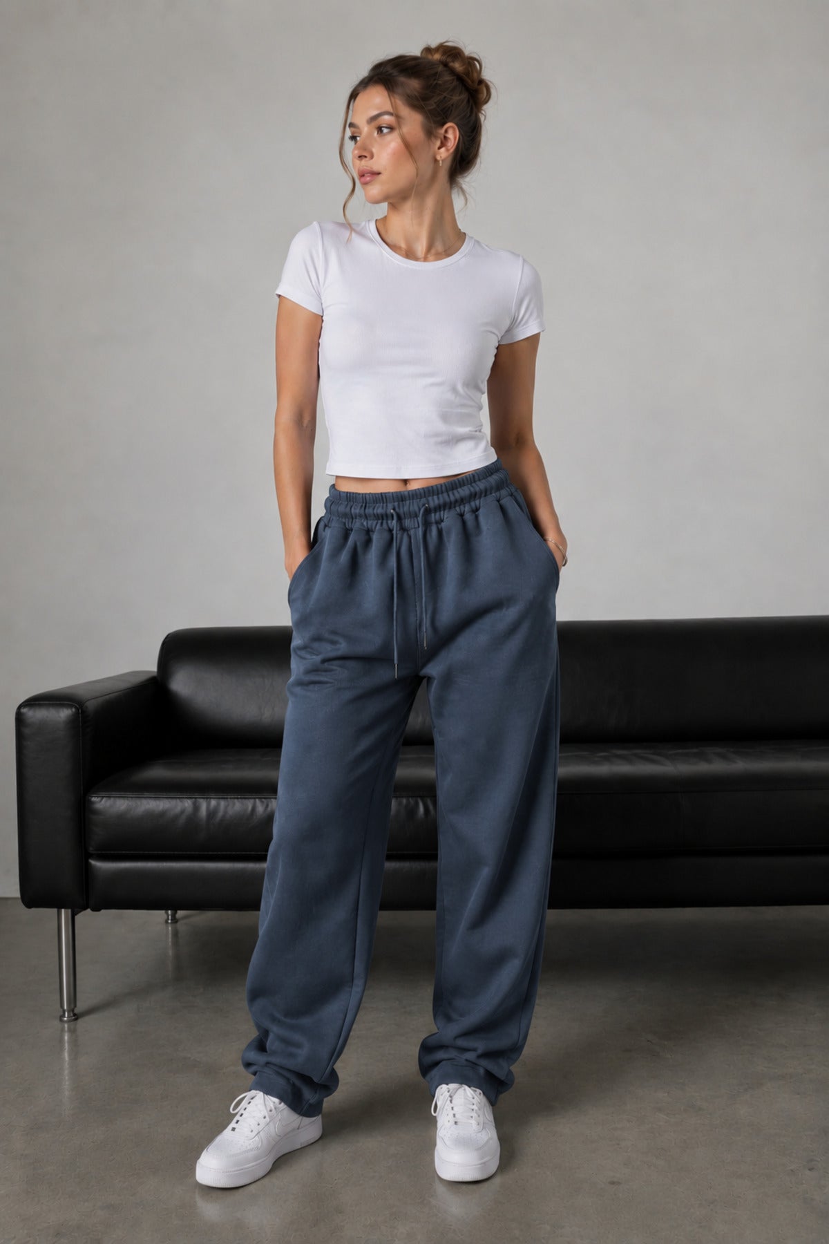Kadın Günlük Spor Geniş Paça Oversize Eşofman Altı - Füme - 3