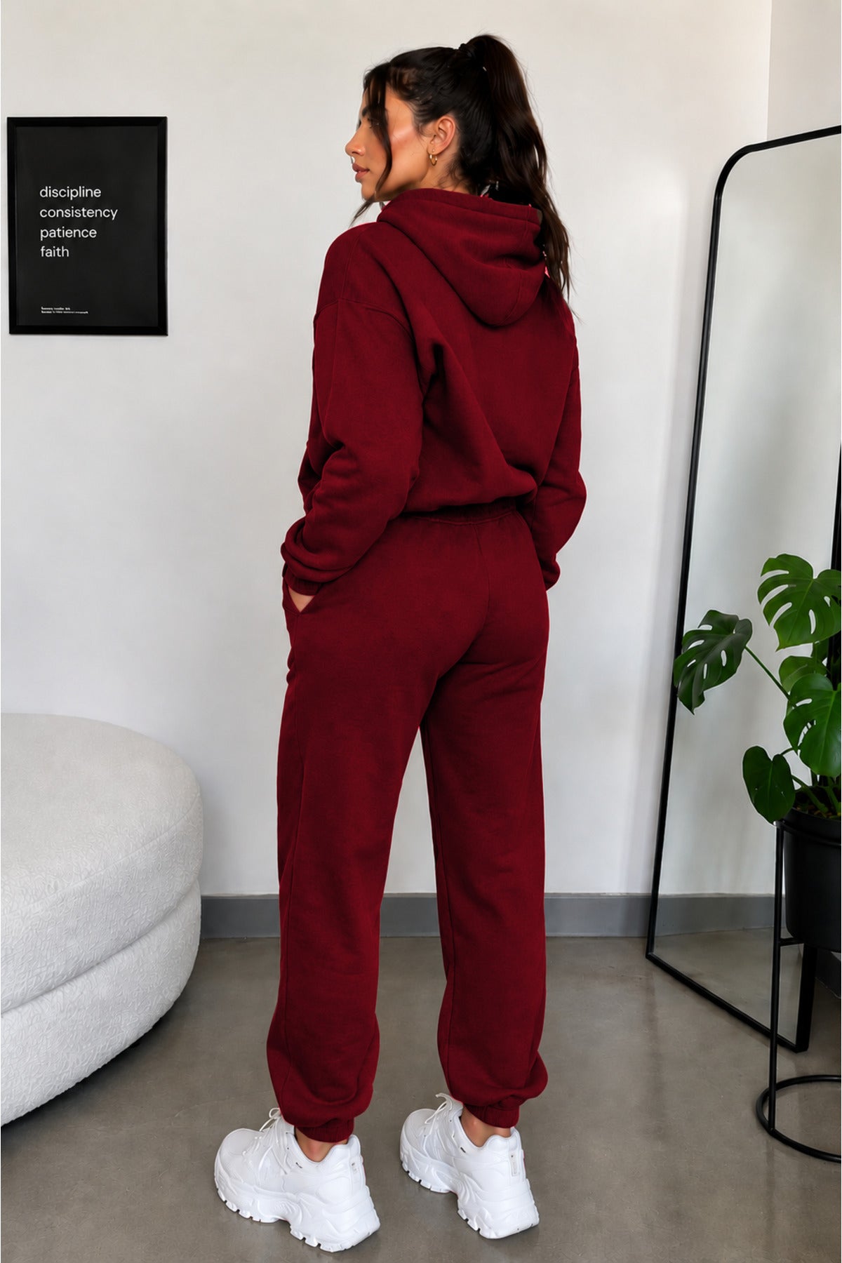 Kadın 3iplik Şardonlu Şık Günlük Ve Spor Oversize Eşofman Takımı - Bordo - 3