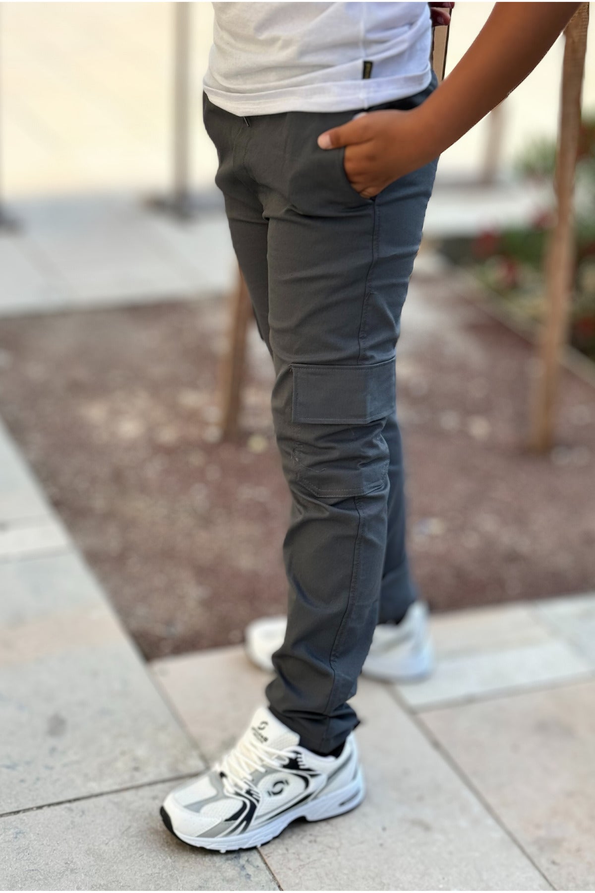 Erkek Yüksek Bel Esnek Rahat Beli Lastikli Komando Cepli Füme Çocuk Okul Pantolonu - Füme - 2