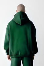 Erkek Bol Kesim Oversize 3 İplik İçi Pamuklu Şardonlu Kanguru Cep Kapşonlu Kışlık Hoodie Sweatshirt - Koyu Yeşil - 3