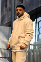 Erkek Oversize 3 İ̇plik Pamuklu Şardonlu Kanguru Cep Kapşonlu Kalın Hoodie Sweatshirt - Vizon - 2