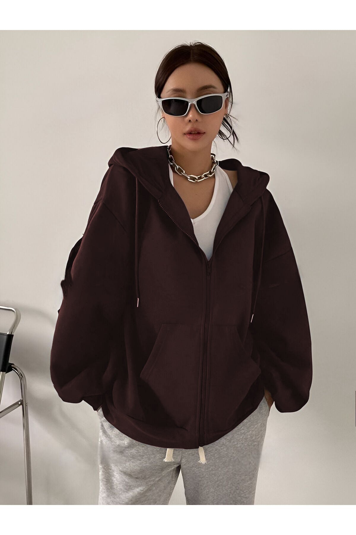 Kadın Kahverengi Fermuarlı Oversize 3i̇plik Polar Sweatshirt Hırka - Kahverengi - 1