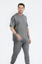Erkek Bisiklet Yaka Kısa Kollu Oversize Pijama Takımı - Füme - 1