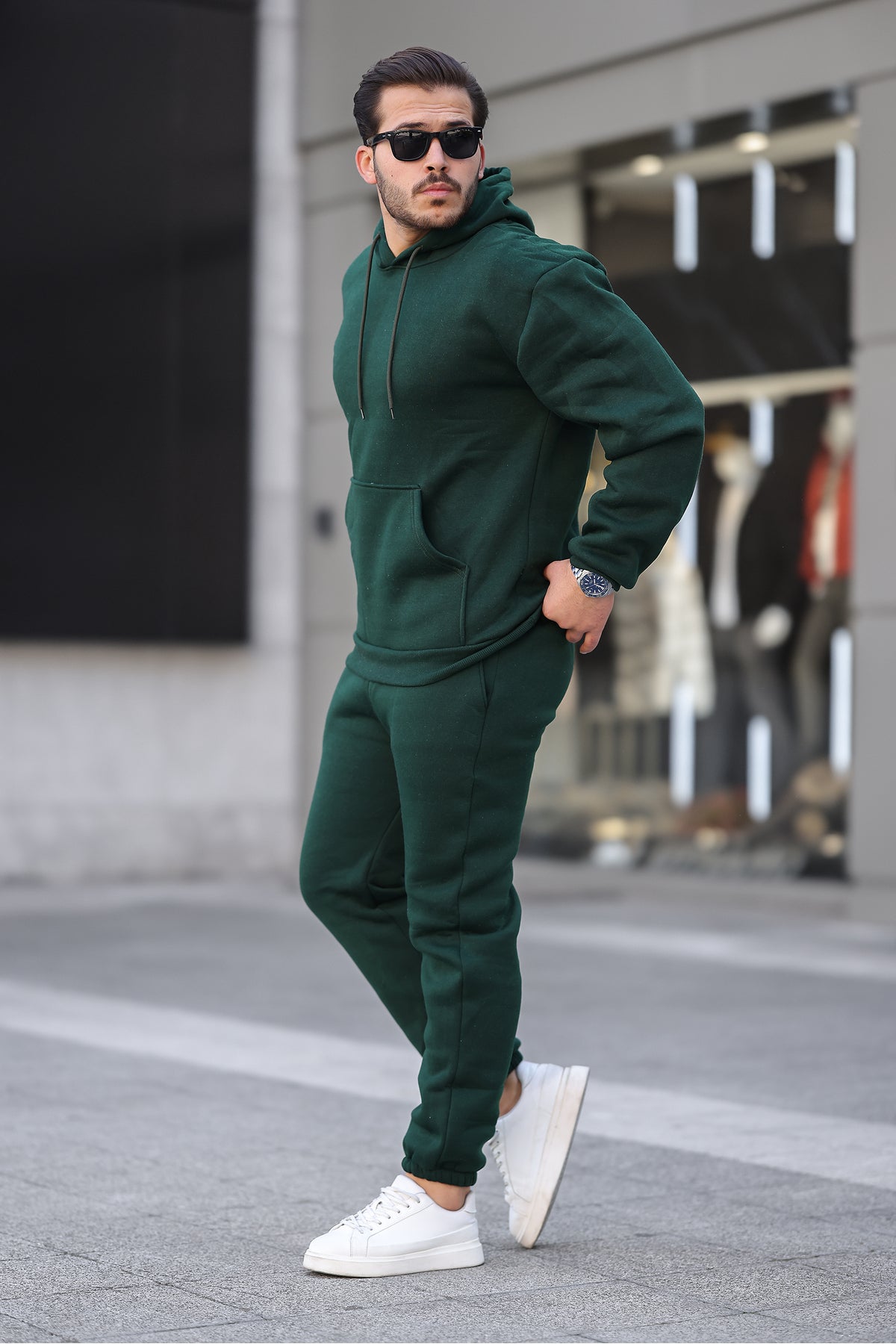 Erkek Bol Oversize 3 İ̇plik İ̇çi Pamuklu Kanguru Cep Kapşonlu Lastikli Paça Jogger Kış Eşofman Takımı - Koyu Yeşil - 2