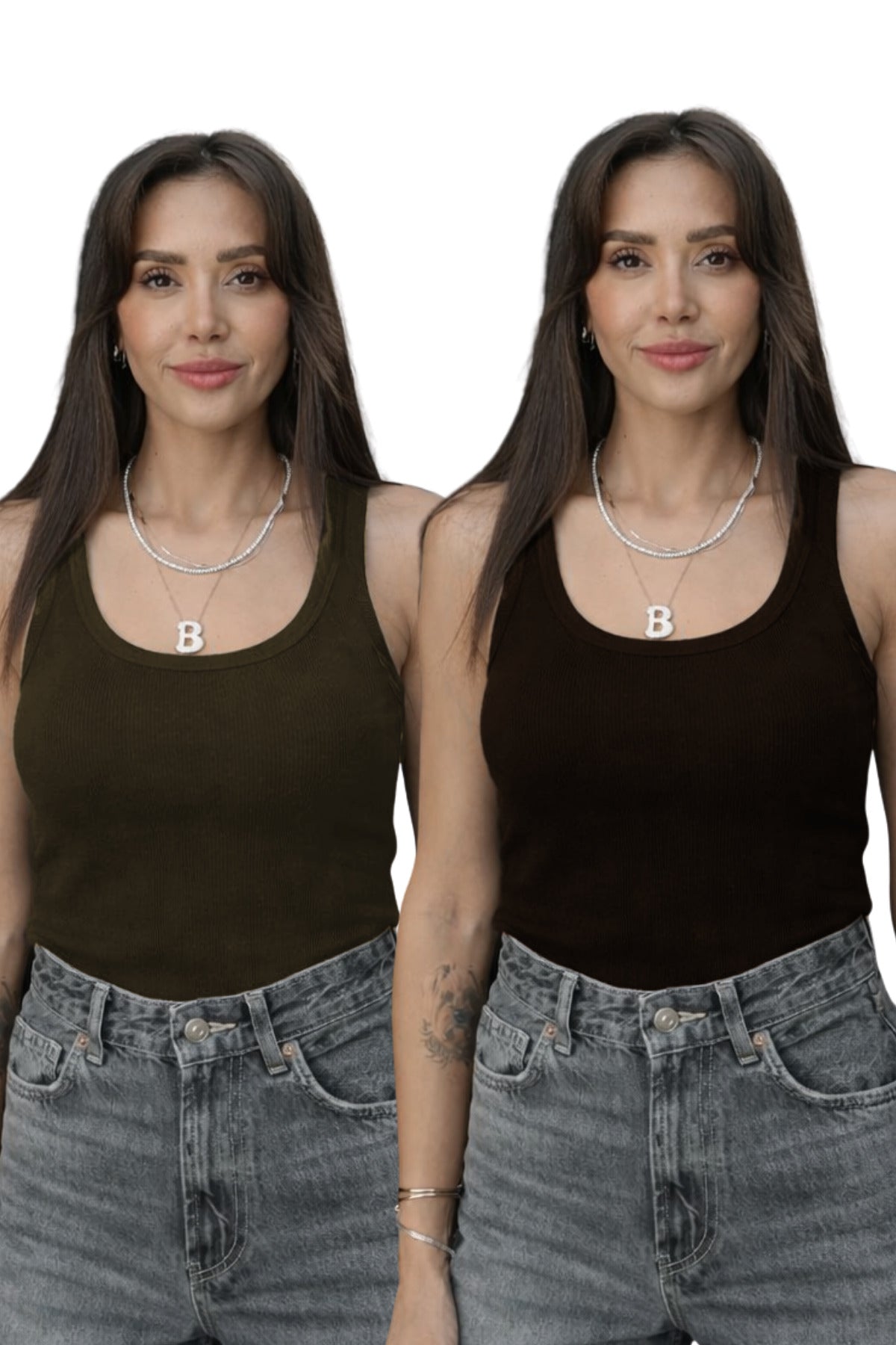 Kadin 2'li̇ Haki̇ Ve Kahverengi̇ Fi̇ti̇lli̇ Kalin Askili Esnek Atlet Body - Kahverengi - 1