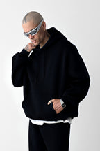 Erkek Bol Kesim Oversize 3 İplik İçi Pamuklu Şardonlu Kanguru Cep Kapşonlu Kışlık Hoodie Sweatshirt - Siyah - 2