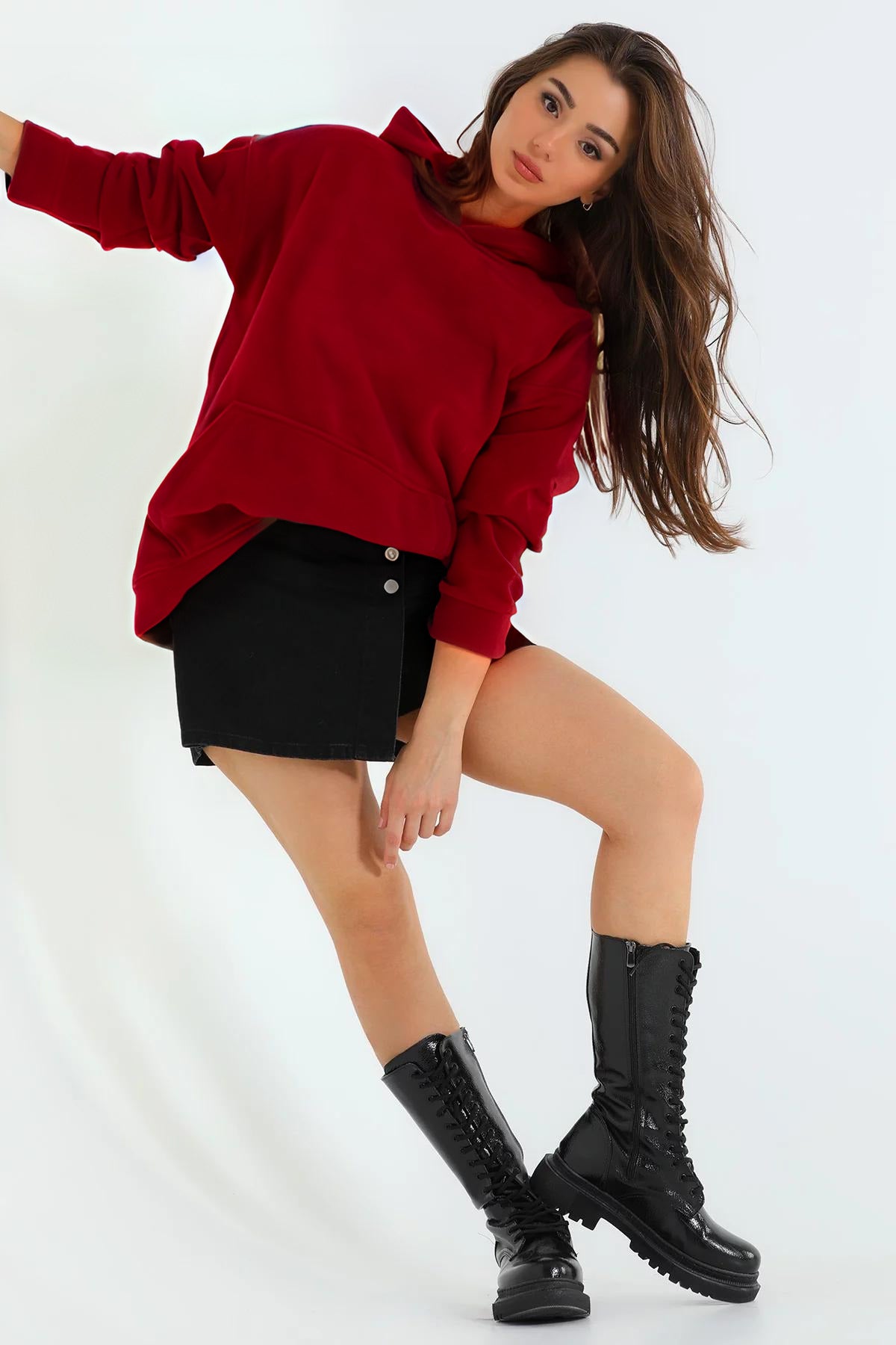 Kadın 3 İ̇plik Kanguru Cep Regular İ̇çi Pamuklu Oversize Okul Sweatshirt - Kırmızı - 2