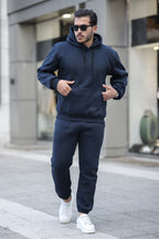 Erkek Bol Oversize 3 İ̇plik İ̇çi Pamuklu Kanguru Cep Kapşonlu Lastikli Paça Jogger Kış Eşofman Takımı - Lacivert - 1