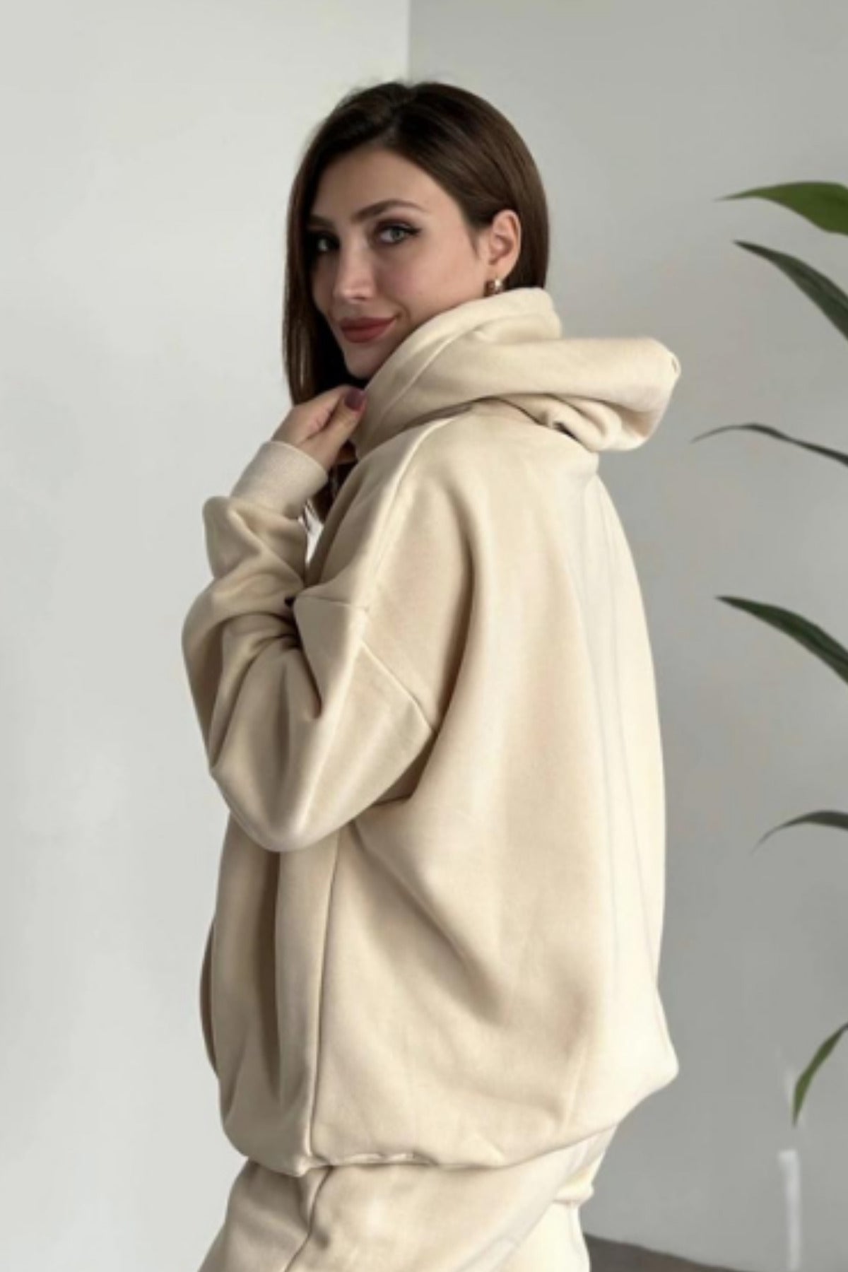 Kadın Kalın Mevsimlik Günlük Ve Spor Oversize Sweatshirt - Bej - 2