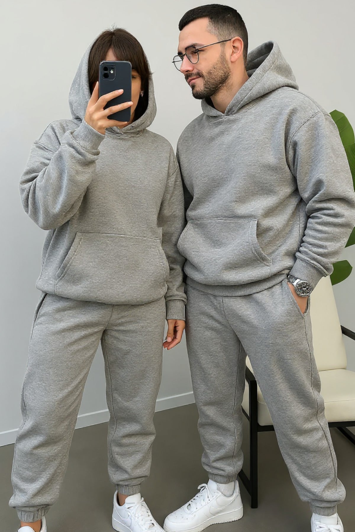 Kadın Erkek Trend Model Çiftlere Özel 3 İplik Oversize Kışlık Kalın Eşofman Takımı (tekli̇) - Melanj Gri - 1