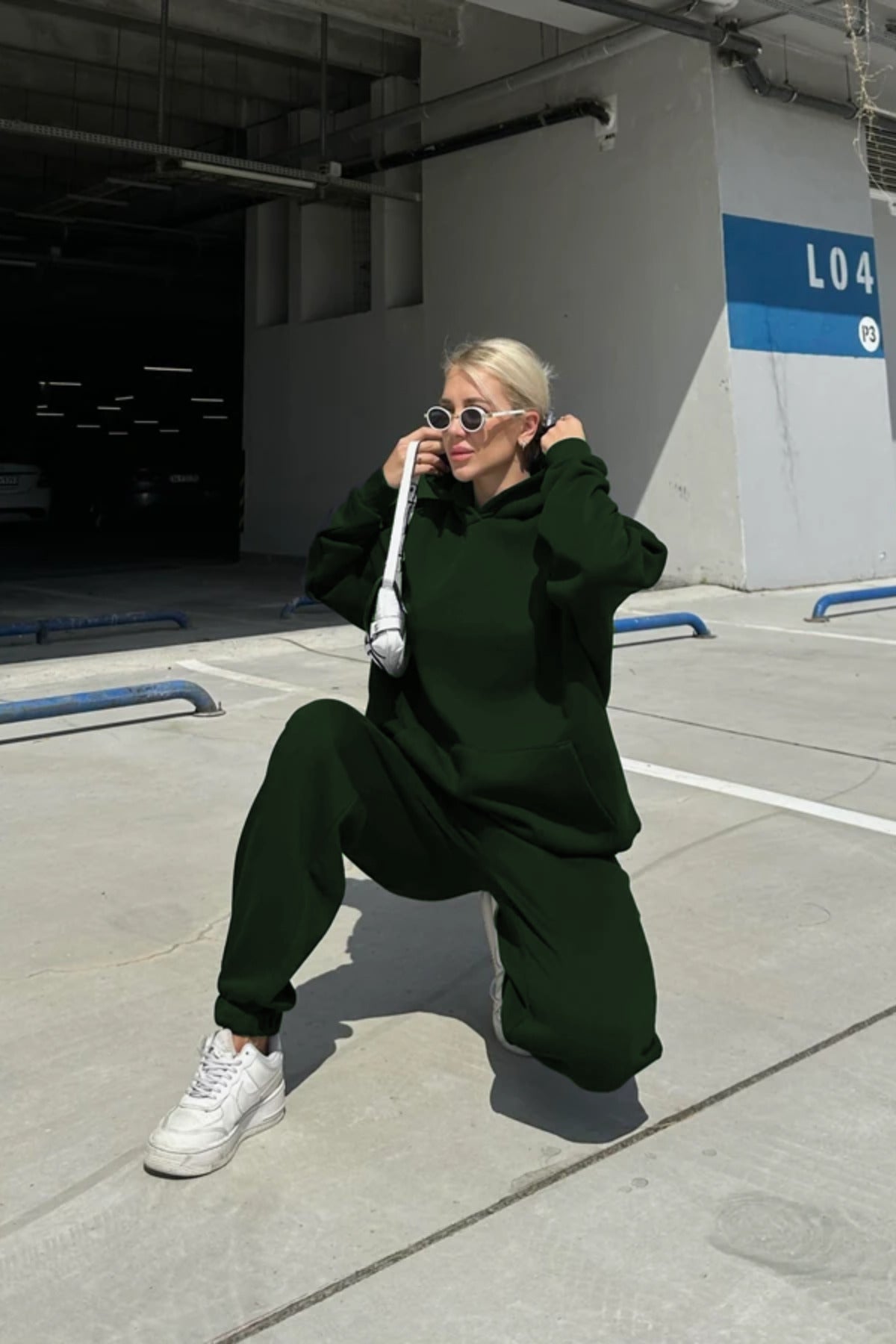 Kadın Oversize Şardonlu Kalın Mevsimlik Sweatshirt - Koyu Yeşil - 3