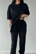 Kadın Kısa Kollu Penye Pijama Takımı Oversize Bisiklet Yaka - Siyah - 1