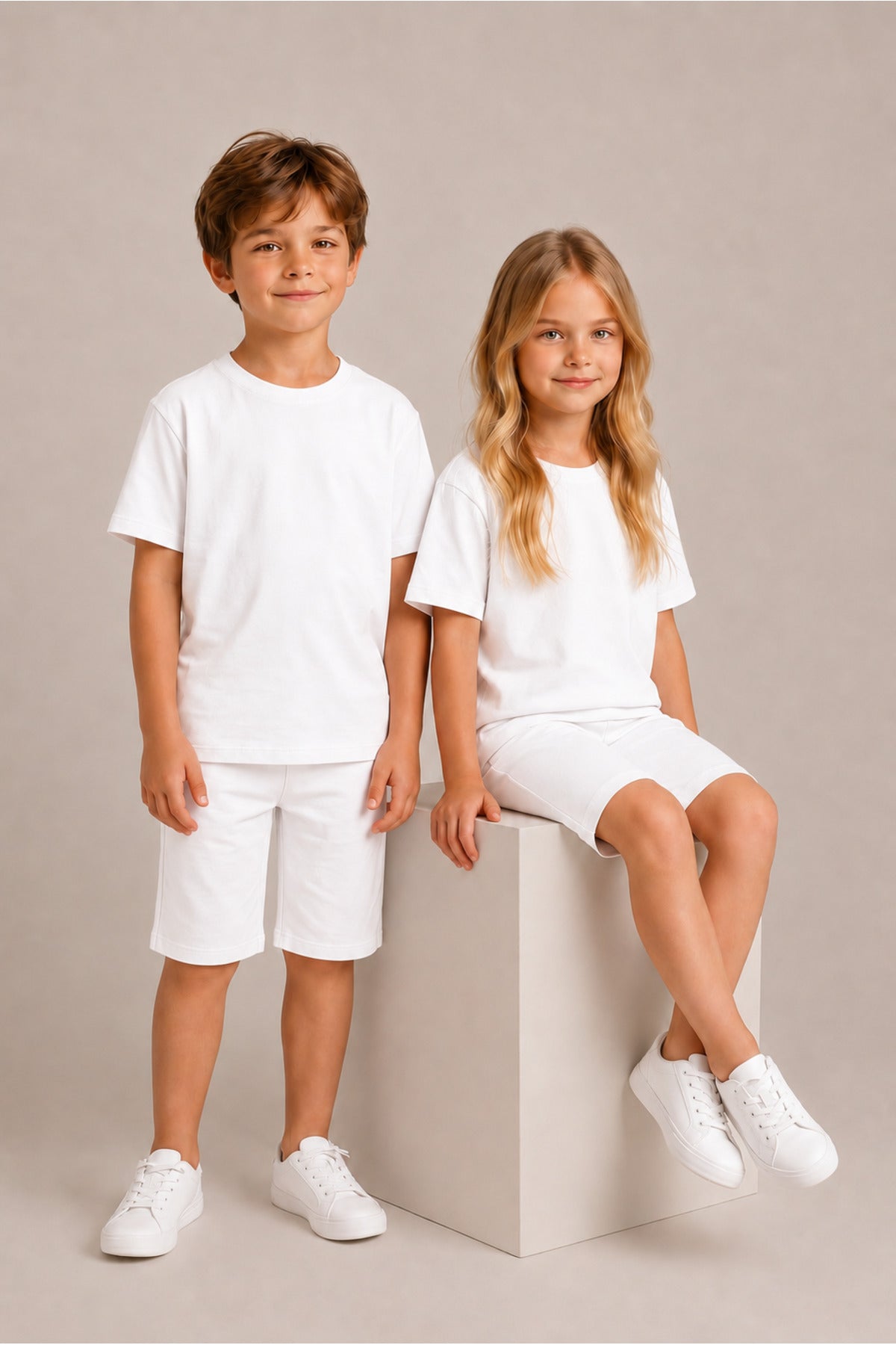 Çocuk Kısa Kollu Baskısız Basic Oversıze Geniş Kalıp Beli Bağlamalı Esnek 1-10 Yaş Arası Yaz Sezonu Sportif T-shirt / Şort Takım - Beyaz - 4