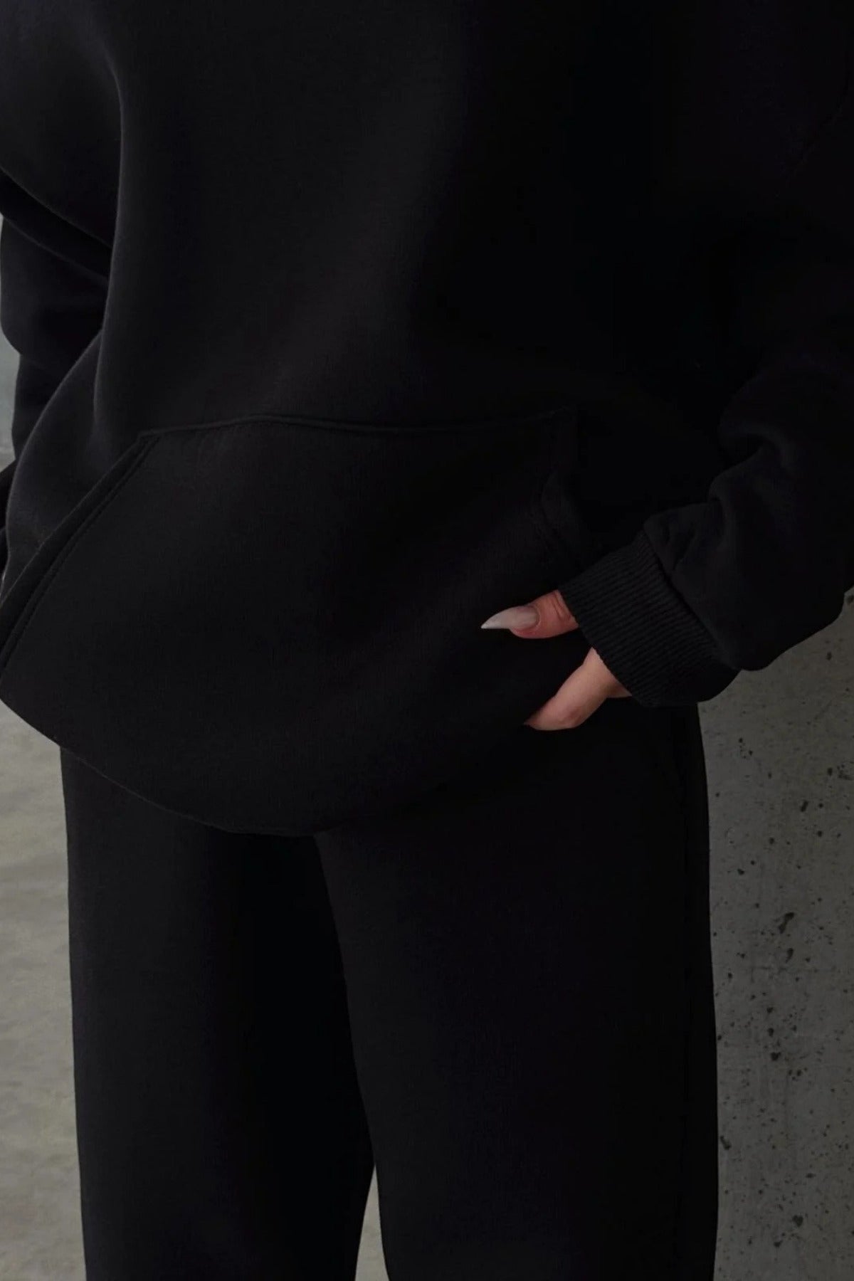 Kadın Paçası Lastikli Jogger Oversize Kışlık Eşofman Takımı - Siyah - 4