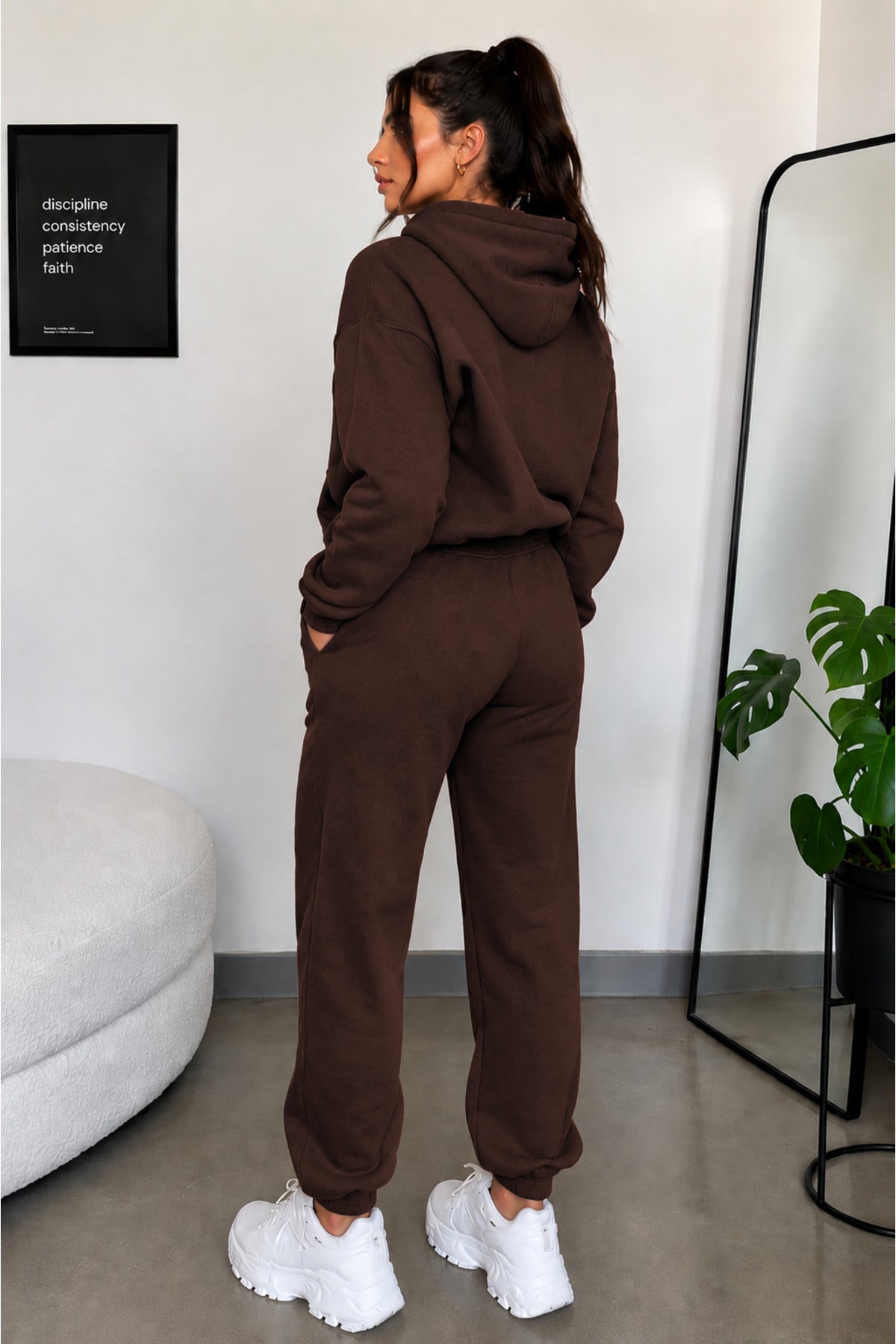 Kadın 3iplik Şardonlu Şık Günlük Ve Spor Oversize Eşofman Takımı - Kahverengi - 3
