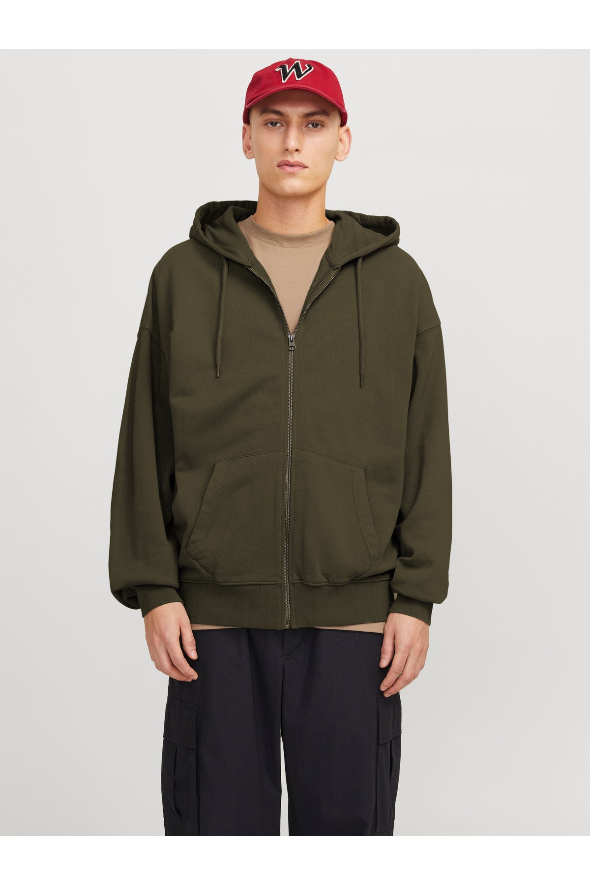 Erkek Haki̇ 3i̇plik Polarlı Kapşonlu Oversize Sweatshirt Hırka - Haki - 1