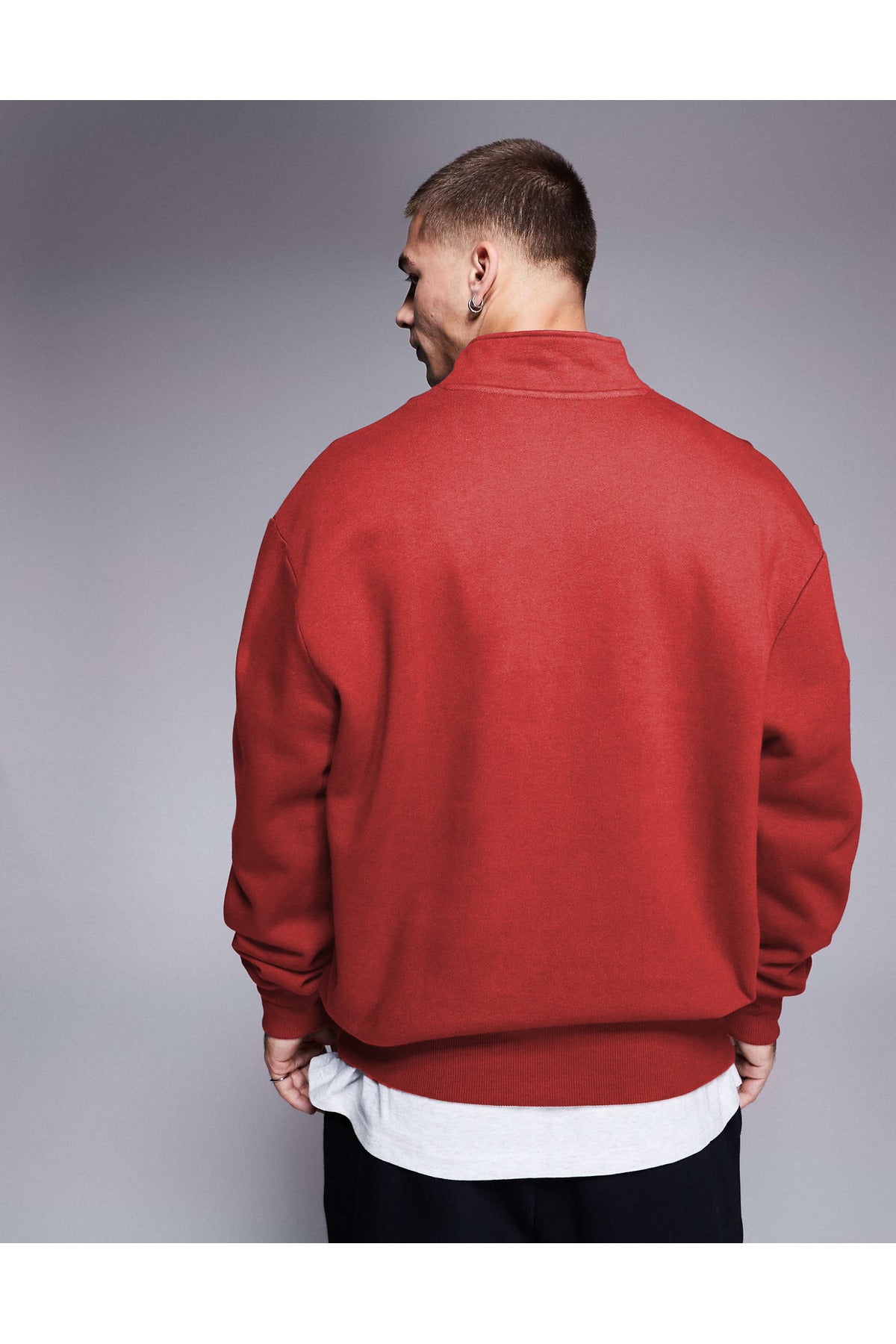 Erkek Yarım Fermuarlı Basic Oversize Dik Yaka Sweatshirt Kazak - Kırmızı - 2