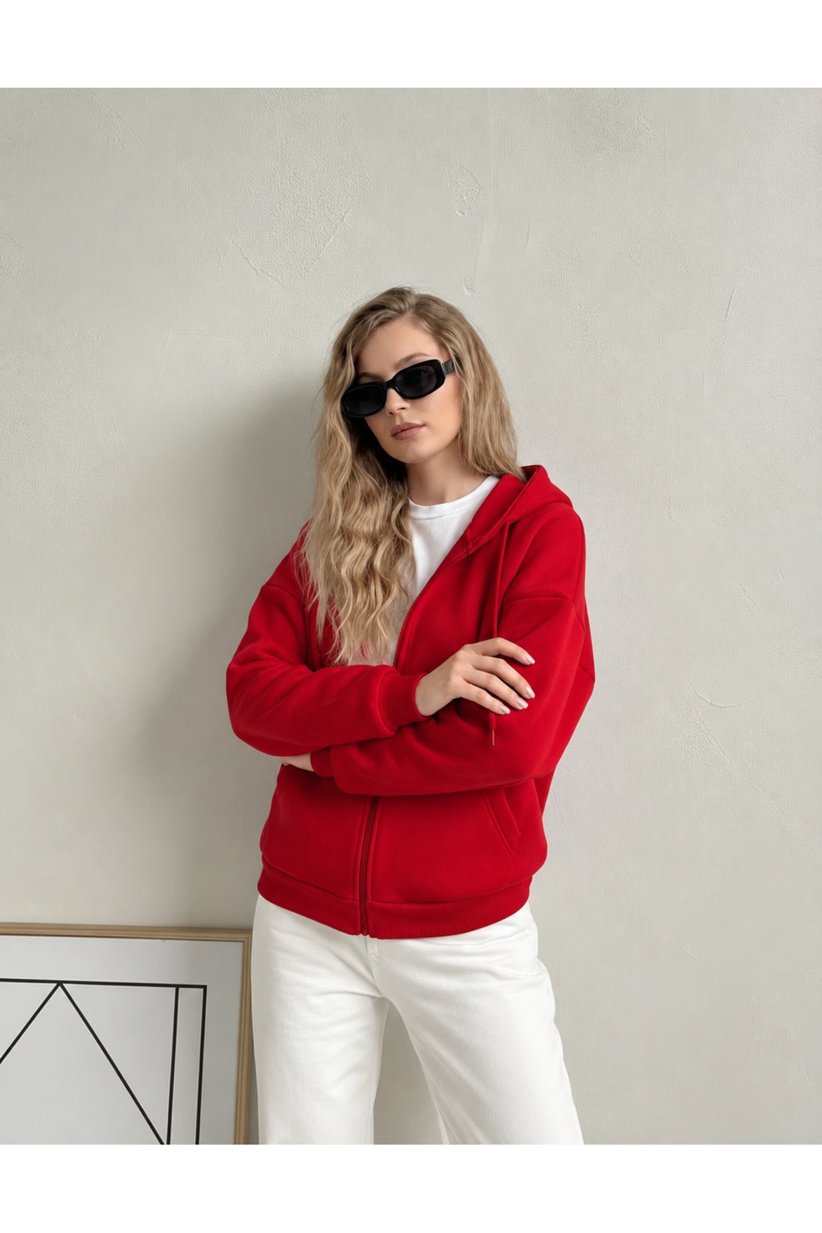 Kadin 3 İ̇pli̇k Kapüşonlu Fermuarli Oversi̇ze Sweatshirt Hirka - Kırmızı - 4