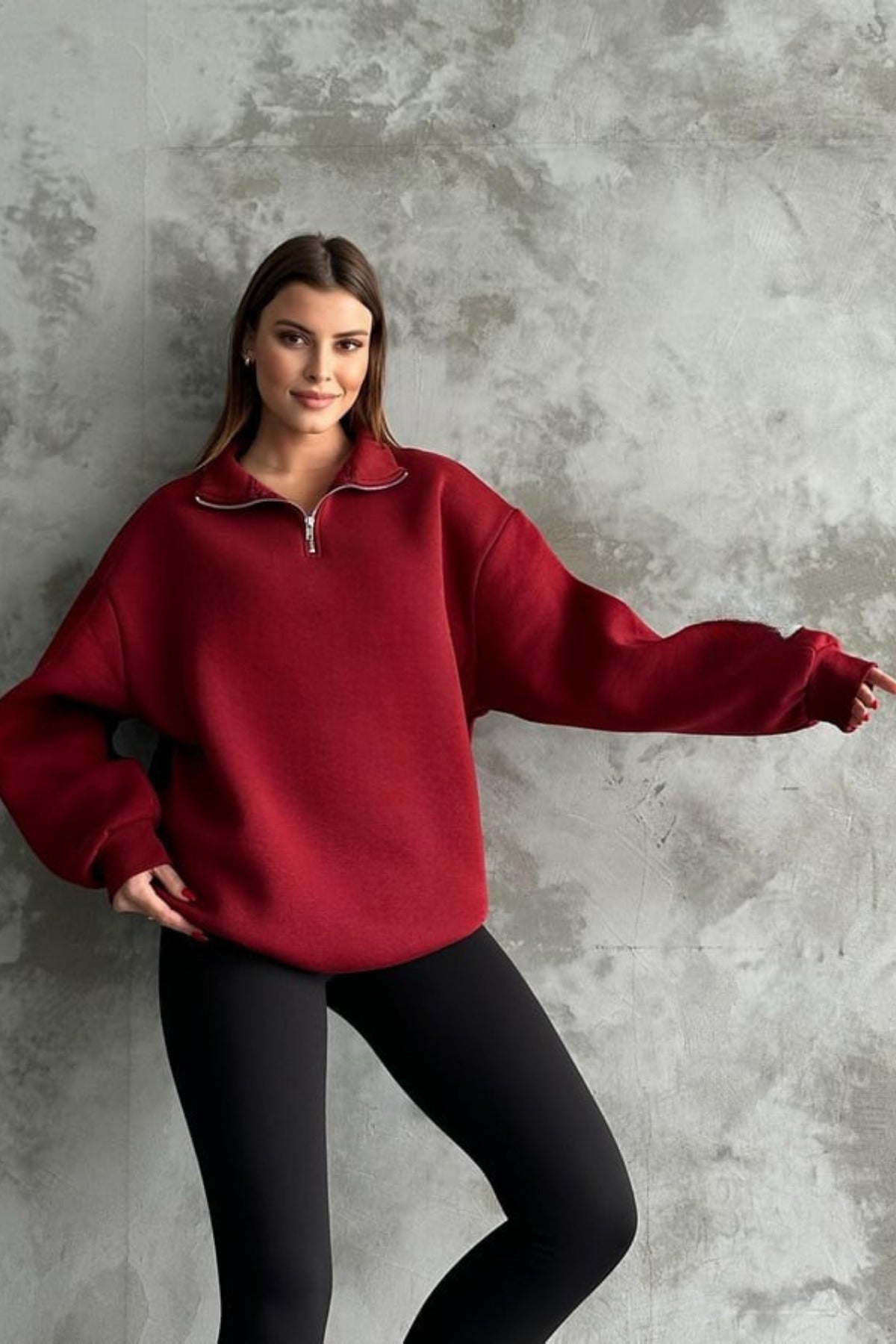 Unisex 3 İ̇plik Oversize Şardonlu Yarım Fermuarlı Swetshirt - Bordo - 2
