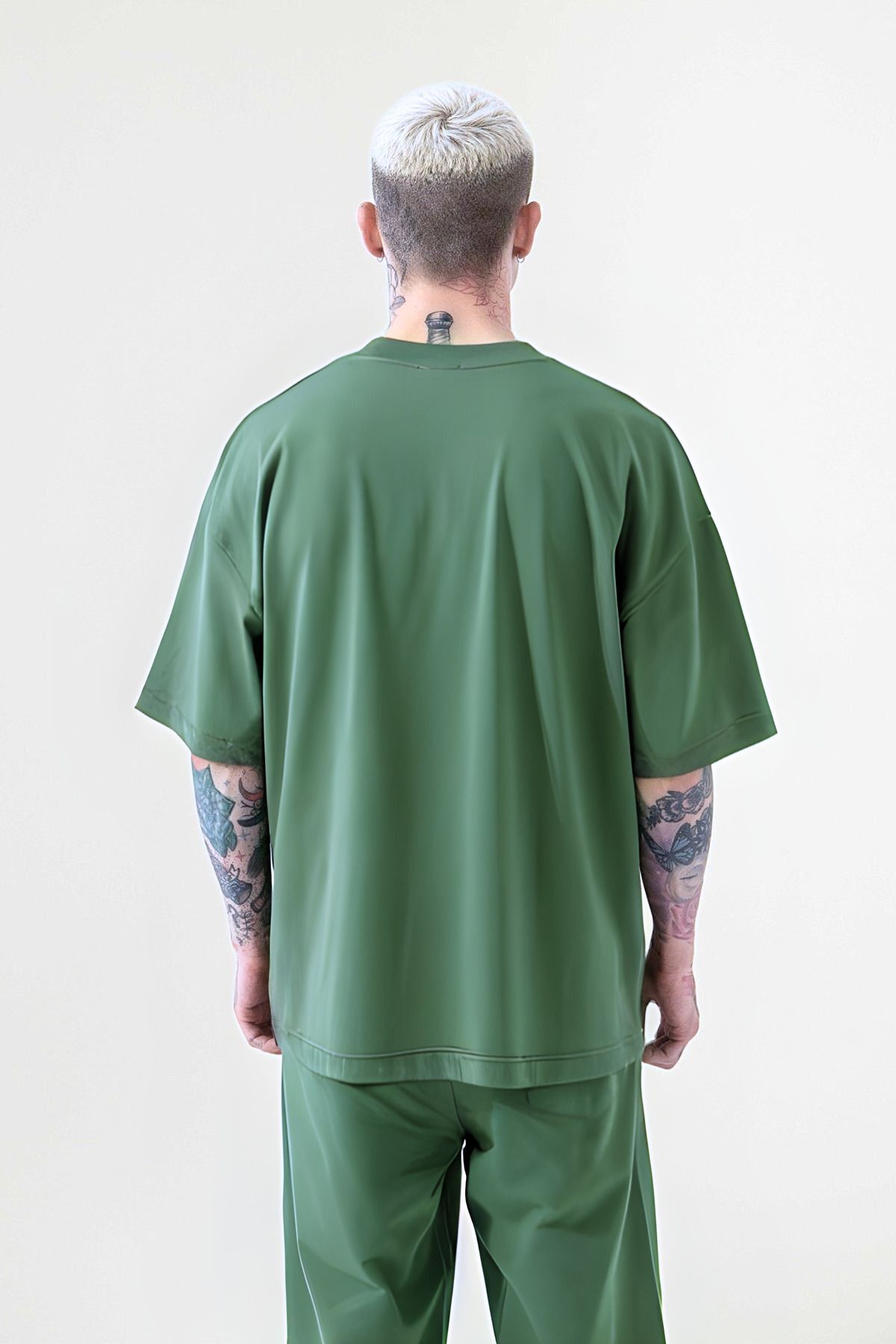 Erkek Yeşi̇l Oversize T-shirt Kısa Kollu Tişört - GREEN - 3