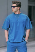 Erkek Oversize Penye Nefes Alan T-shirt - İndigo - 1