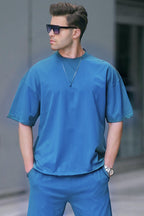 Erkek Oversize Penye Nefes Alan T-shirt - İndigo - 1