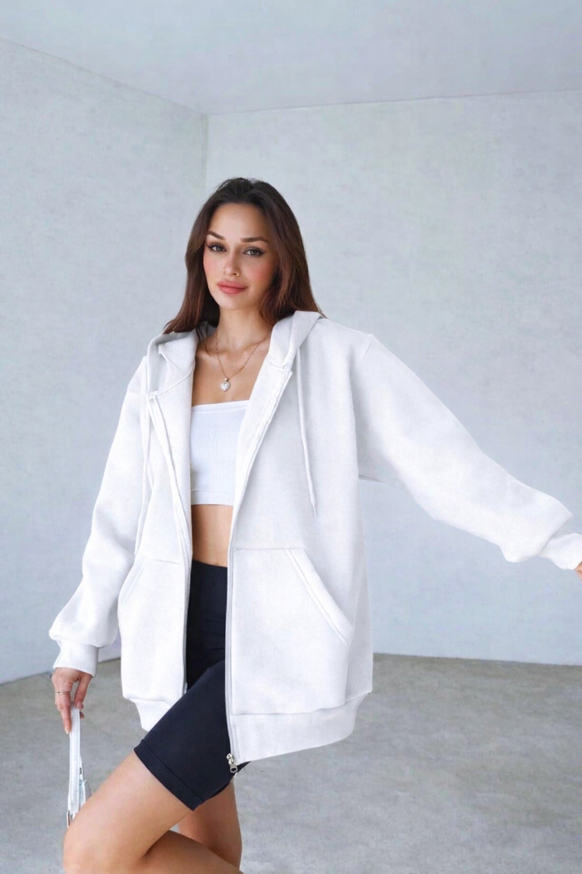 Kadın 3 İ̇plik Oversize Kapüşonlu Fermuarlı Hırka Sweatshirt - Beyaz - 3