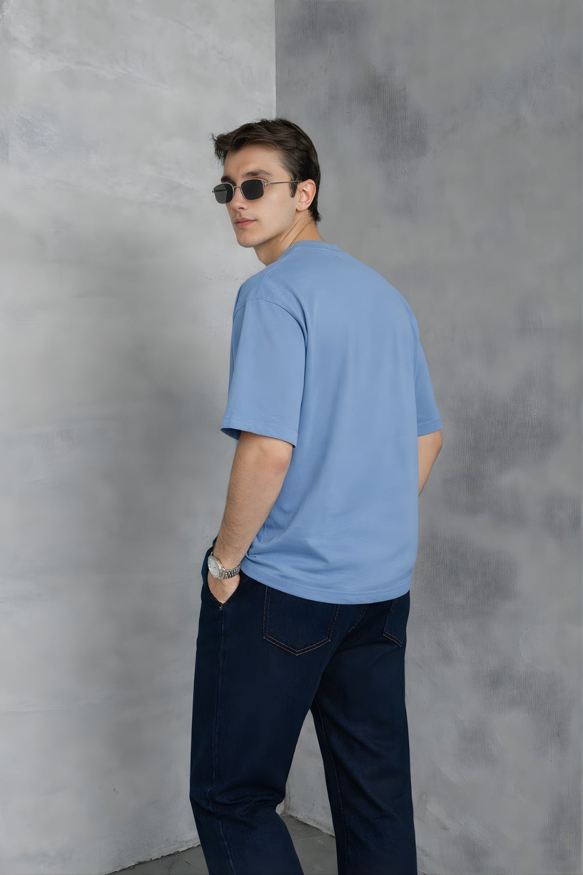 Erkek Siyah Basic Oversize Tişört Rahat Kalıp Düz Minimal Pamuklu Günlük T-shirt - Mavi - 2
