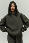 Kadın Rahat Oversize 3 İ̇plik Pamuklu Şardonlu Kanguru Cep Kapşonlu Sweatshirt - Haki - 1