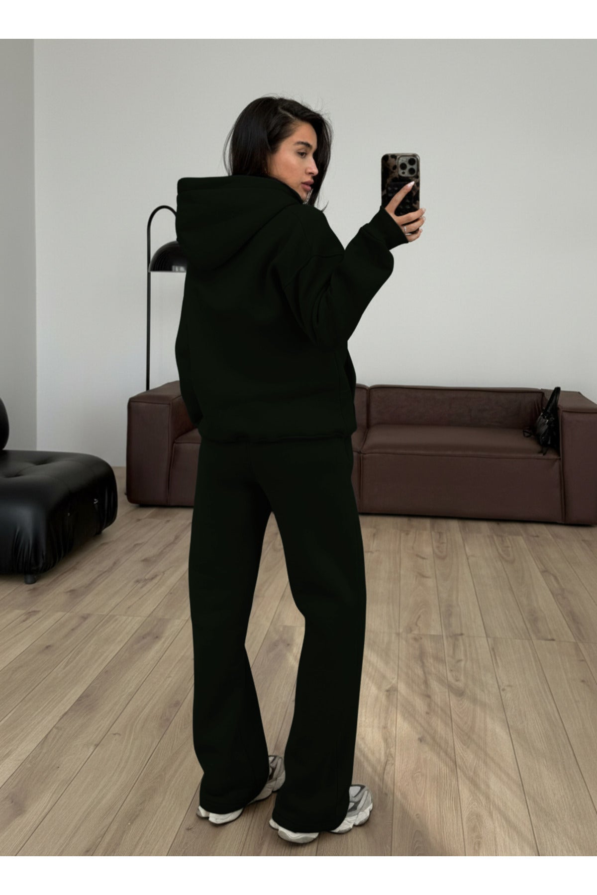 Kadın Boyfriend 3 İplik Şardonlu Bol Paça Oversize Casual Takım - Siyah - 2
