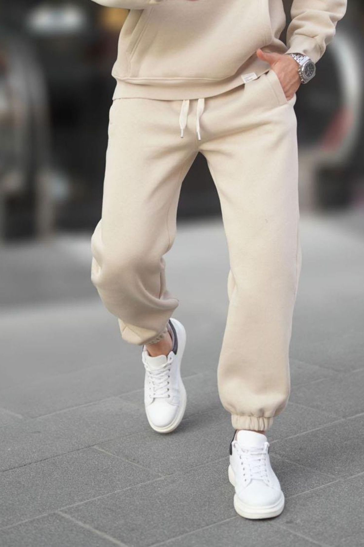 Unisex Bej Paçası Lastikli Cepli Eşofman Altı - Bej - 1