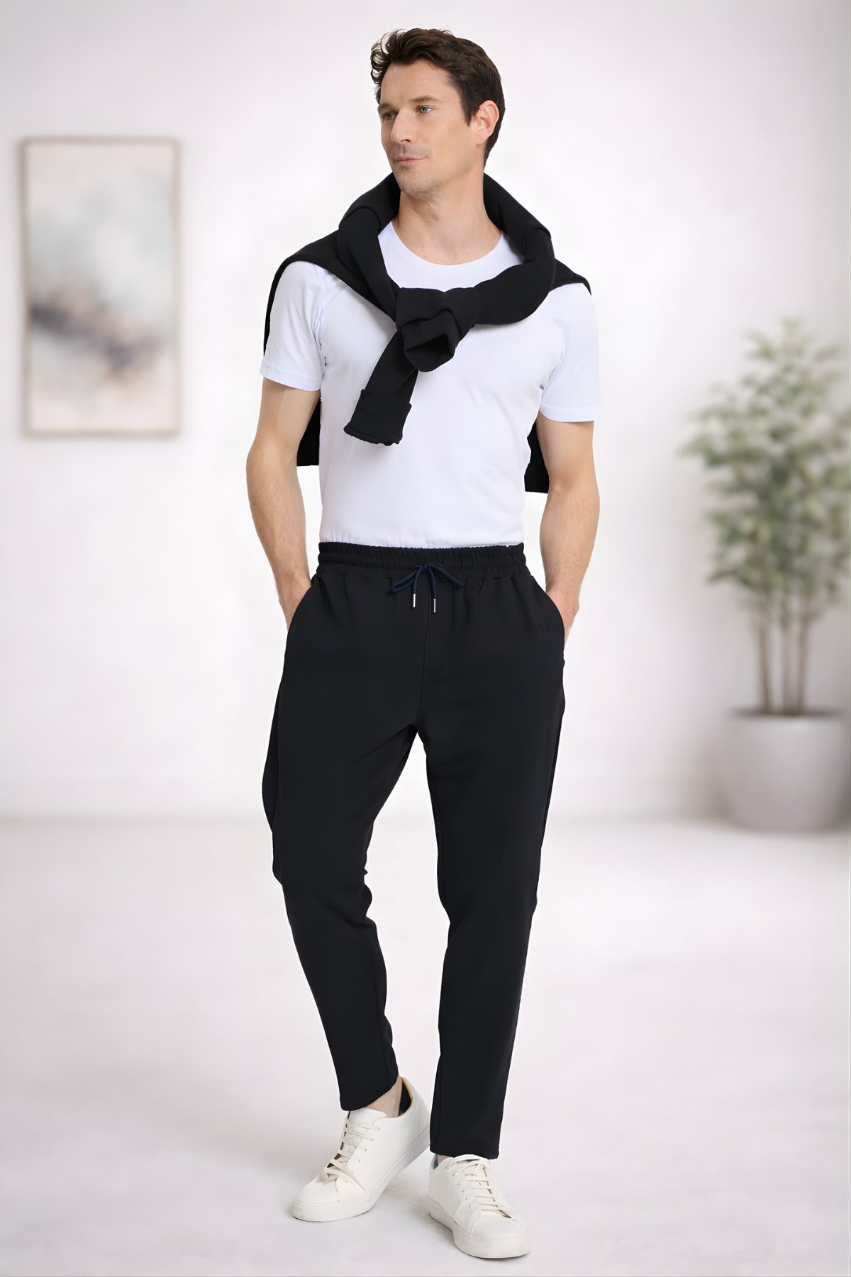 Erkek Regular Fit Beli Lastikli Bağcıklı Rahat Kesim Yan Cepli Jogger Pantolon - Siyah - 3