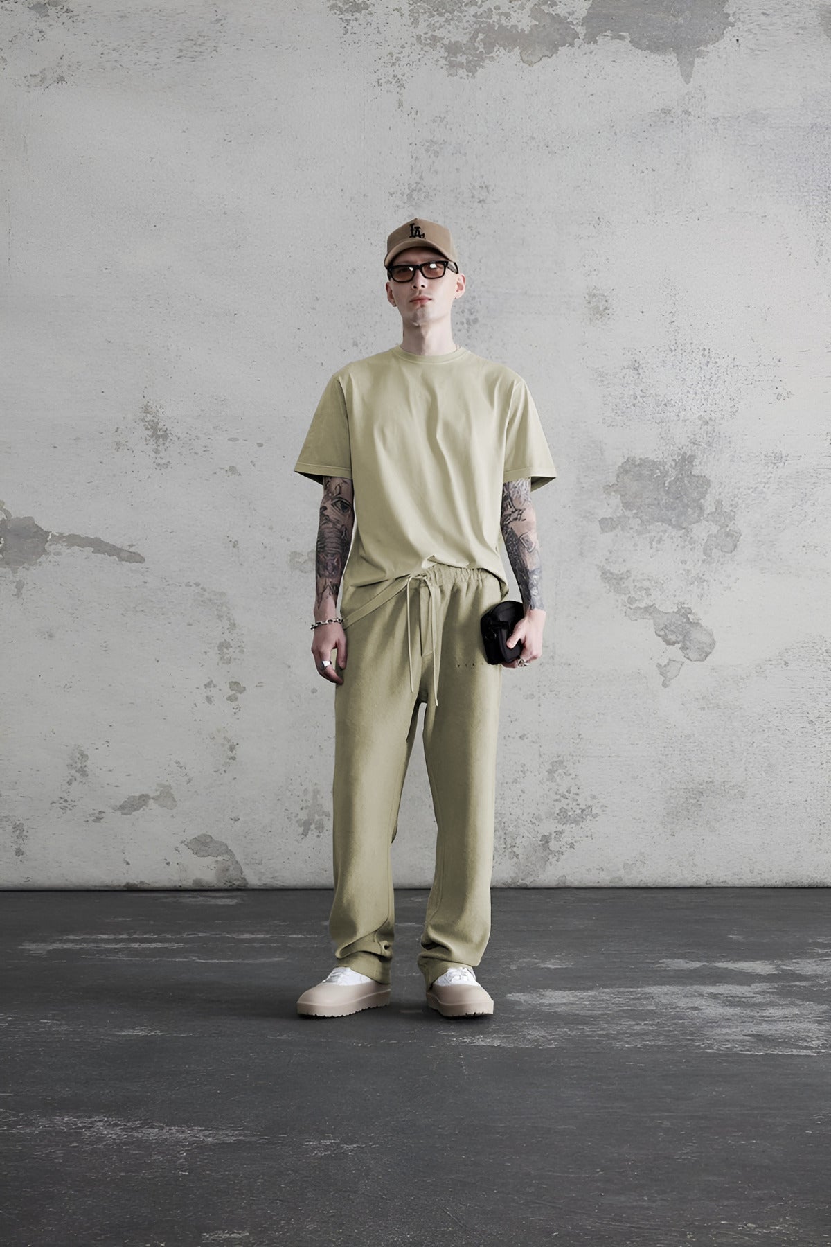 Erkek Oversize Esnek Penye Eşofman Takımı - Krem - 1