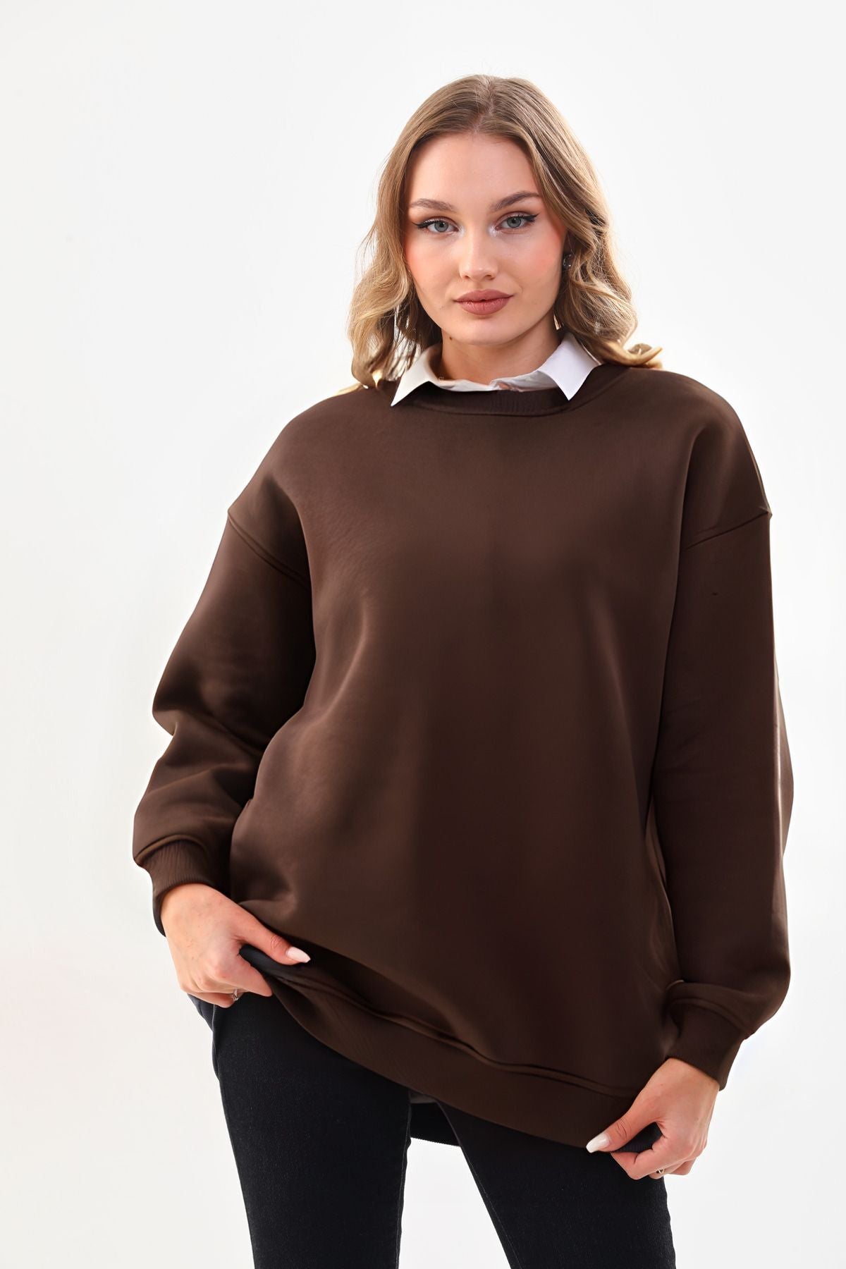 Kadın 3 İ̇plik Bisiklet Yaka Uzun Kollu Sweatshirt - Kahverengi - 1