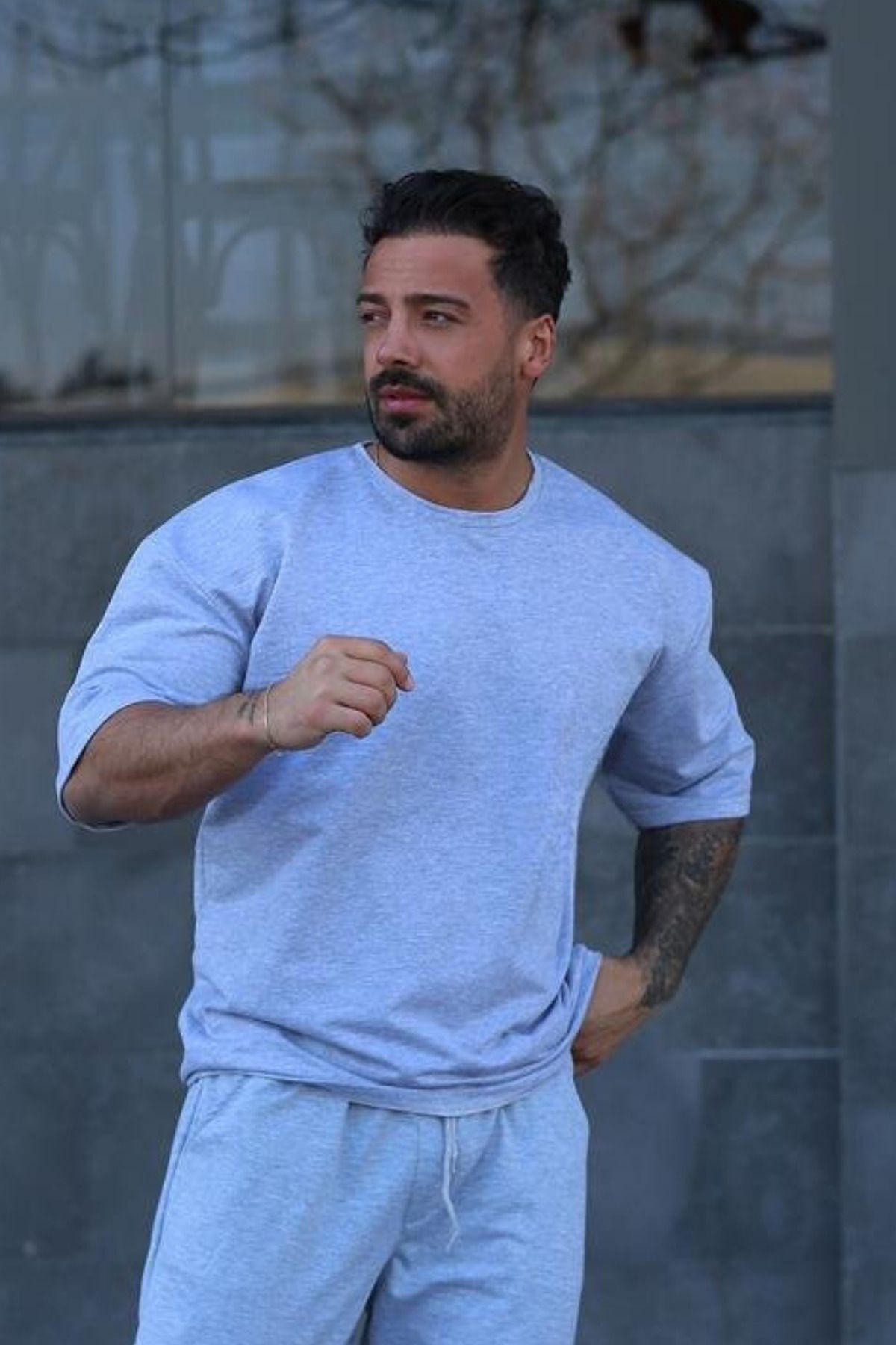 Erkek Oversize Pamuklu Nefes Alan T-shirt - Gri - 1