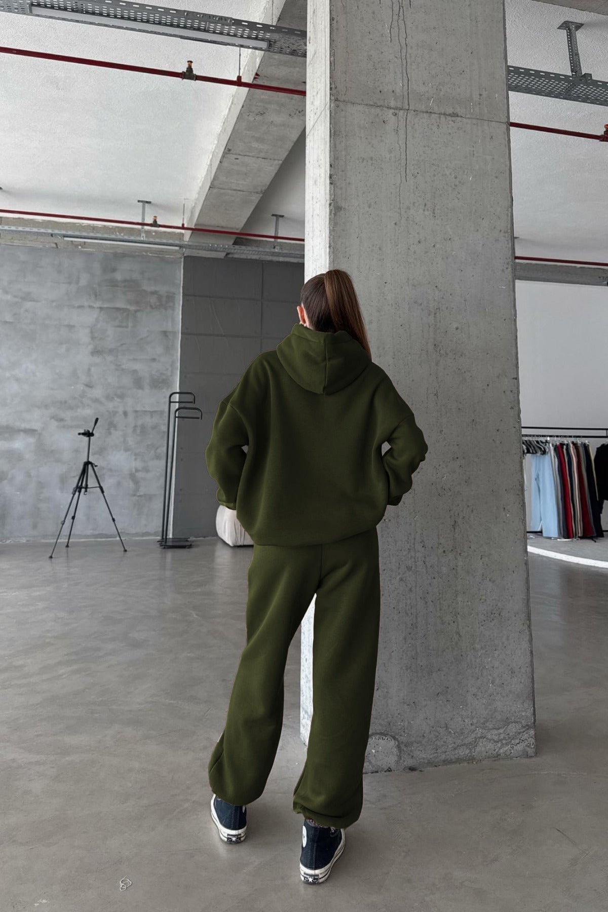 Kadın Paçası Lastikli Jogger Oversize Kışlık Eşofman Takımı - Haki - 2